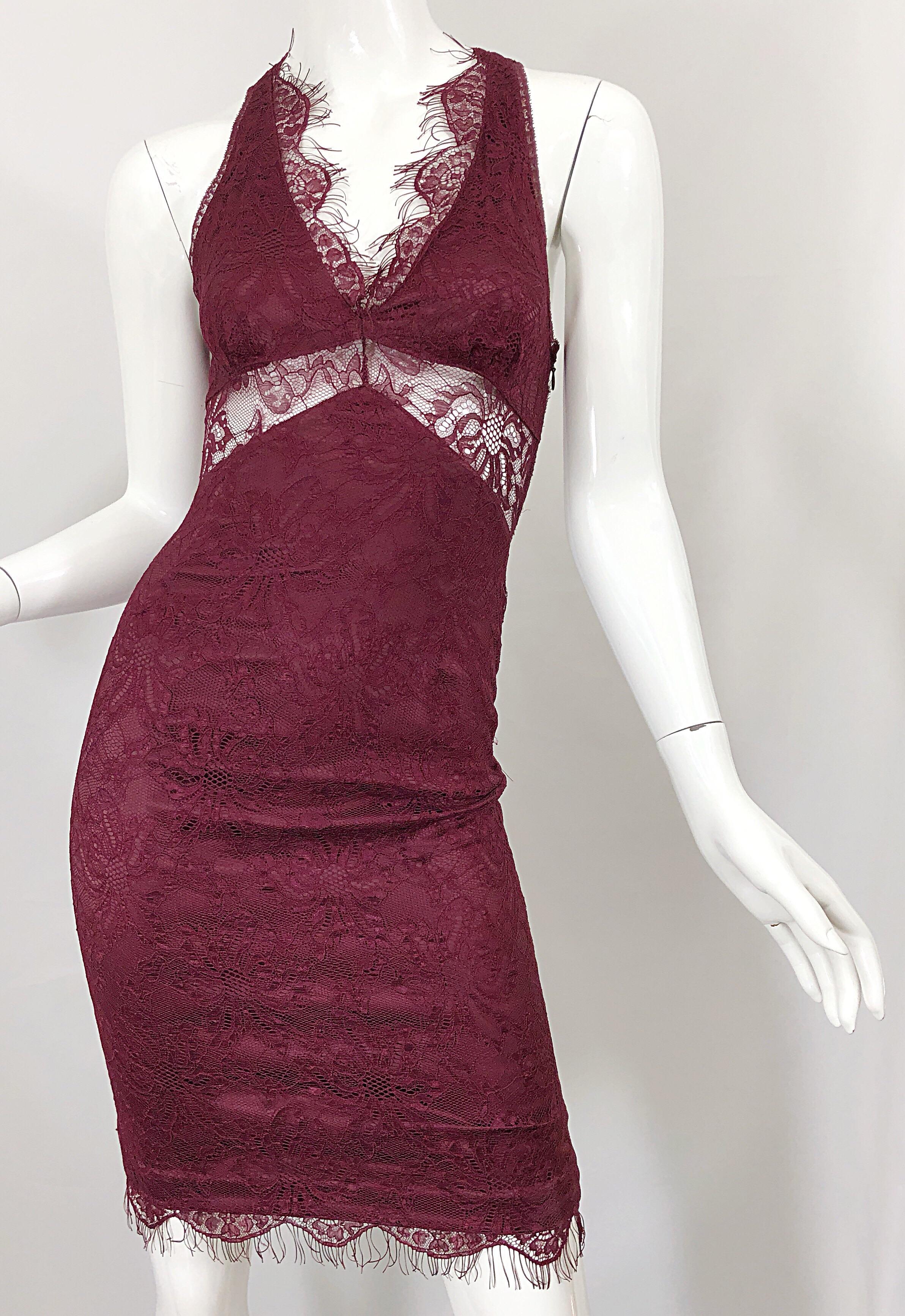 Dolce & Gabbana 1990s Burgundy Merlot Sexy Lace Bodycon Cut Out Vintage Dress 38 For Sale 3