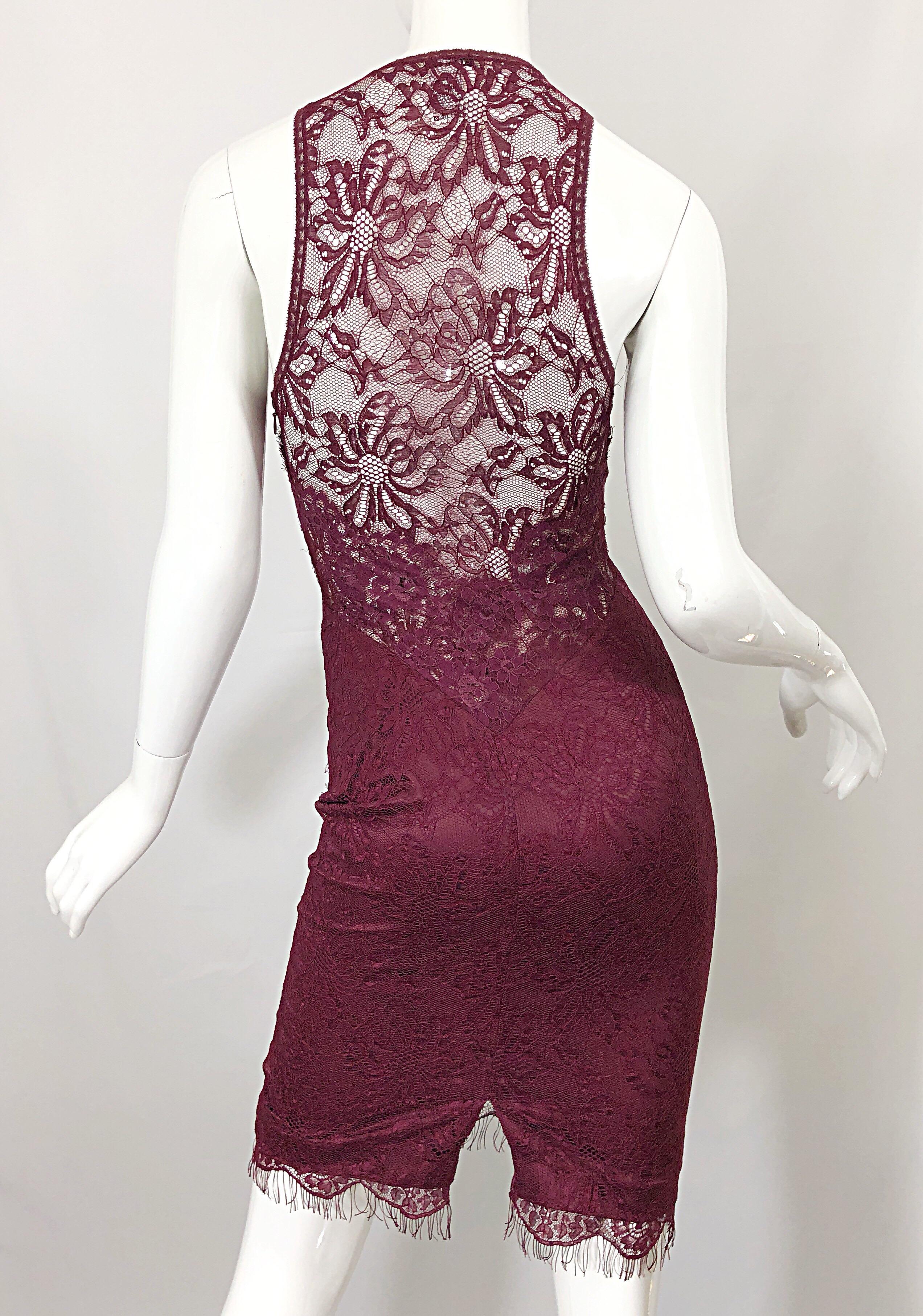 Dolce & Gabbana 1990s Burgundy Merlot Sexy Lace Bodycon Cut Out Vintage Dress 38 For Sale 5