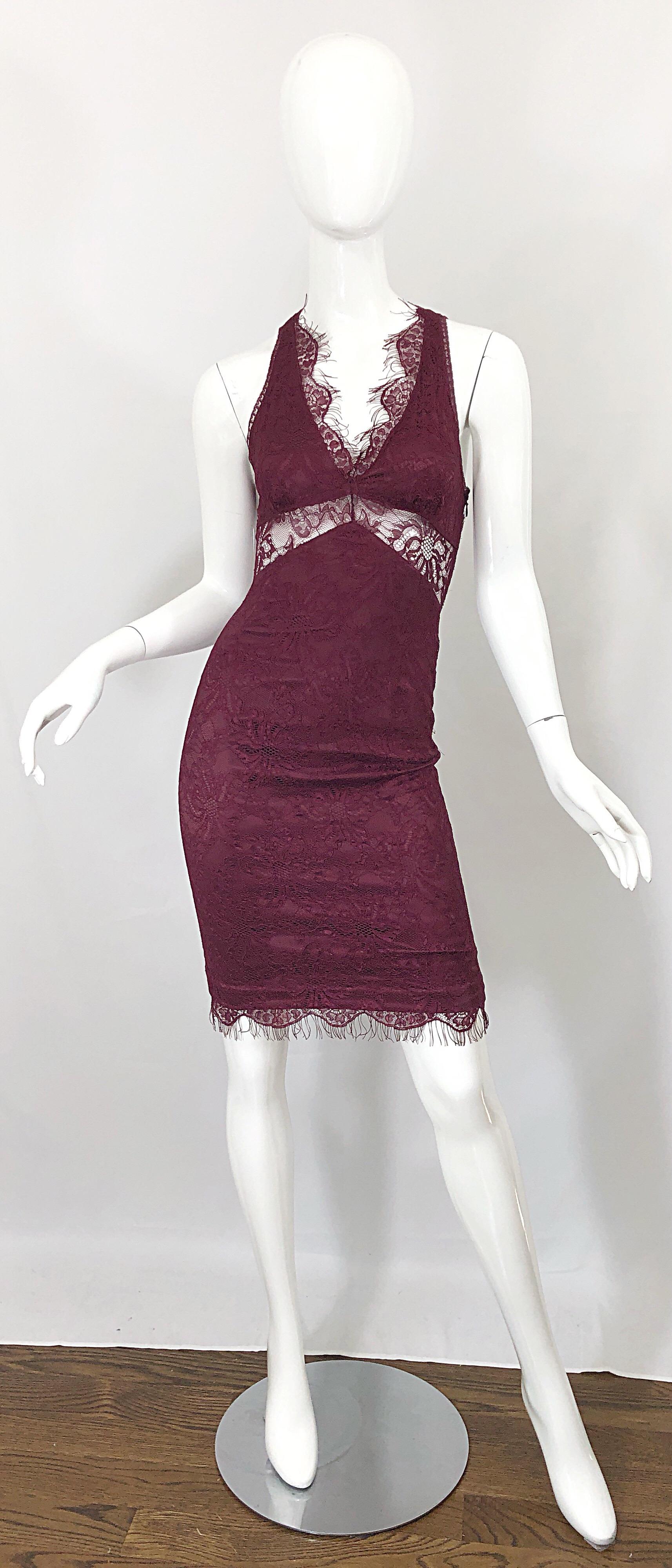 Dolce & Gabbana 1990s Burgundy Merlot Sexy Lace Bodycon Cut Out Vintage Dress 38 For Sale 6