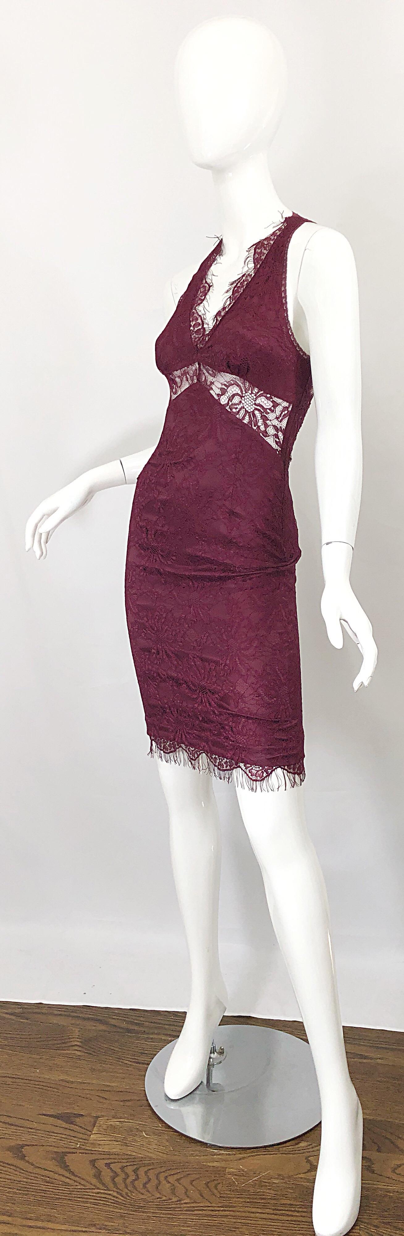 Brown Dolce & Gabbana 1990s Burgundy Merlot Sexy Lace Bodycon Cut Out Vintage Dress 38 For Sale