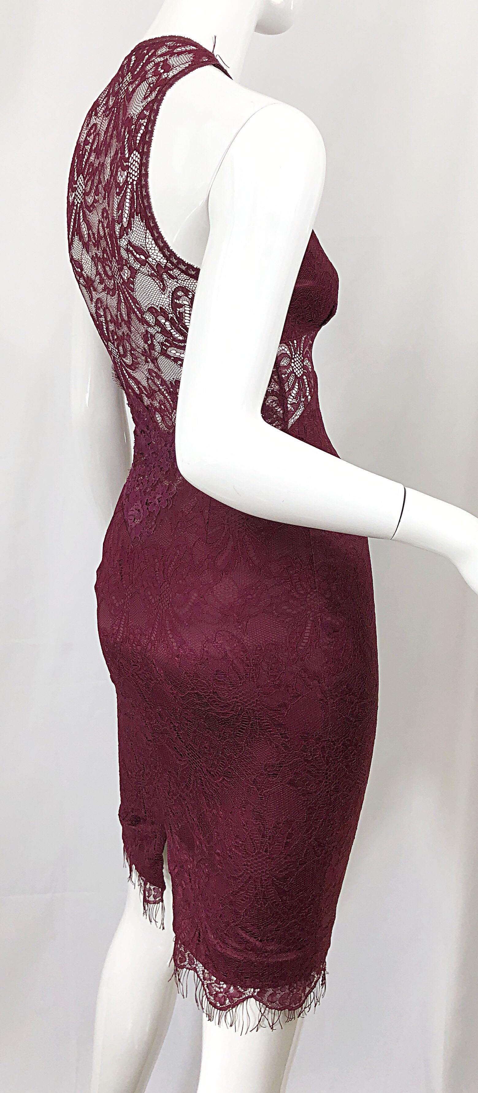 Dolce & Gabbana 1990s Burgundy Merlot Sexy Lace Bodycon Cut Out Vintage Dress 38 In Excellent Condition For Sale In San Diego, CA