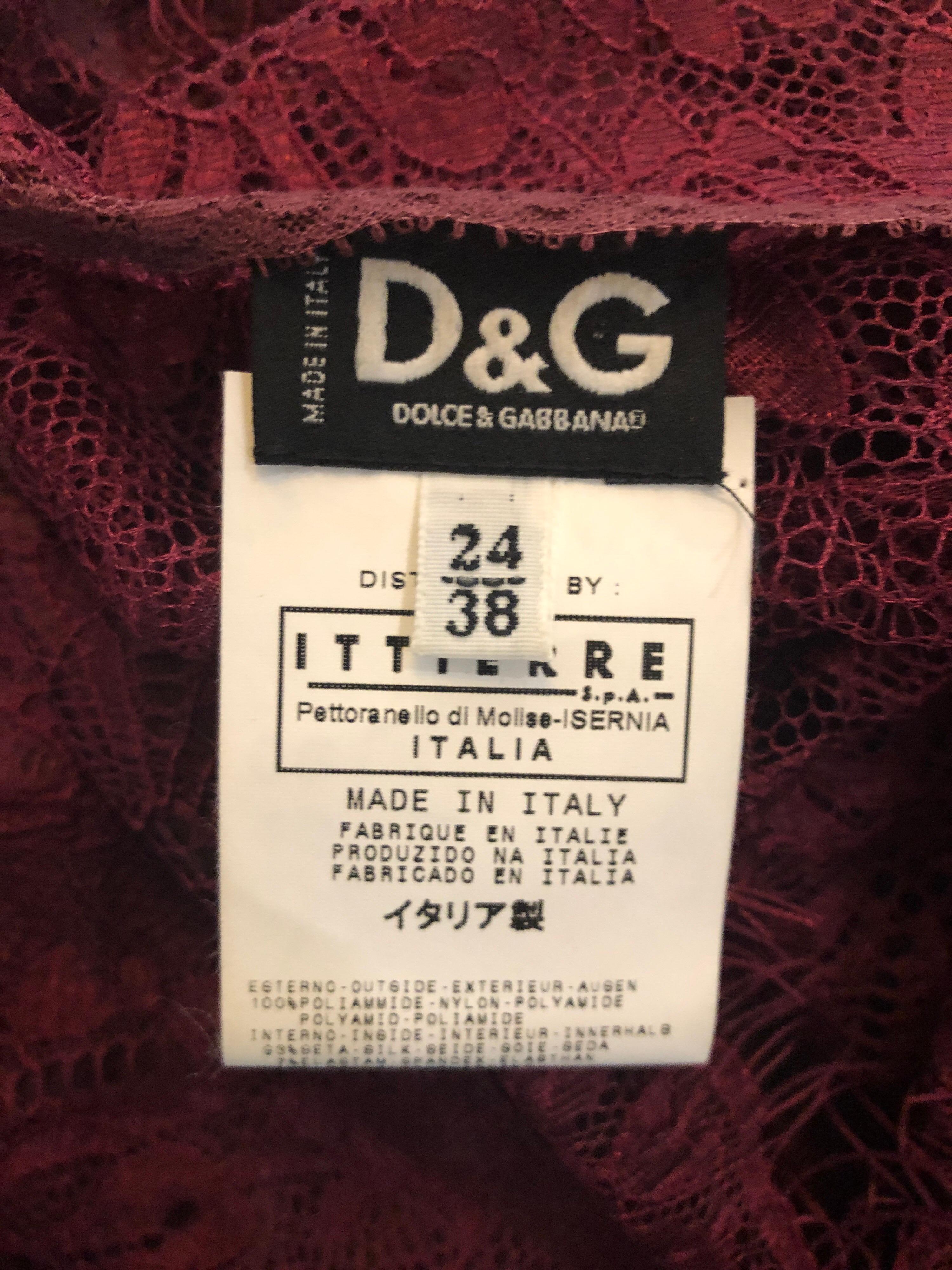 Women's Dolce & Gabbana 1990s Burgundy Merlot Sexy Lace Bodycon Cut Out Vintage Dress 38 For Sale