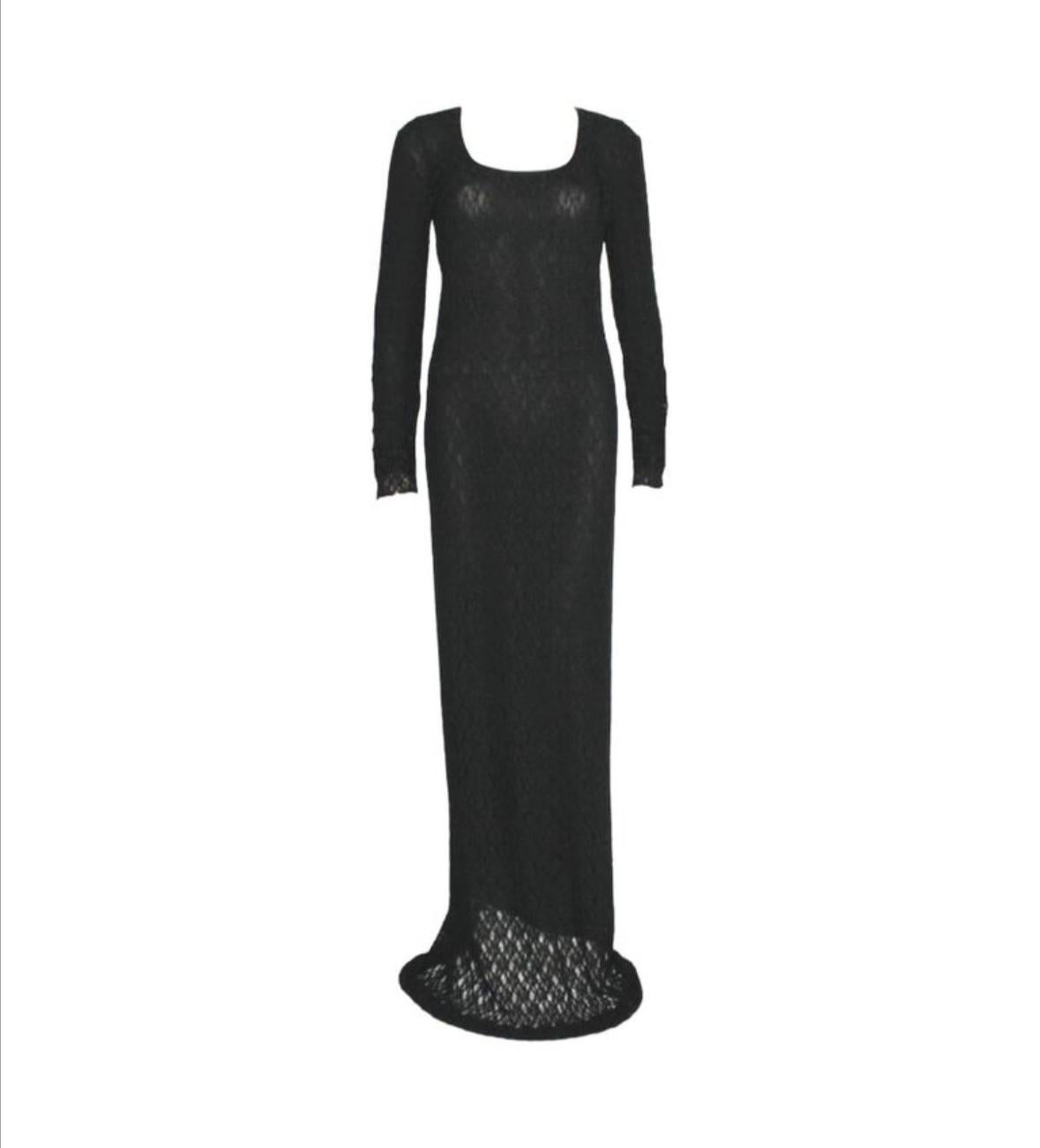 Dolce Gabbana 1990’s black crochet/lace maxi dress
Black 
Form fitting slip dress attached underneath 
Absolutely stunning
Good vintage condition. No rips or stains 
Size 44, stretchy
The size/composition label with DG brand name only
