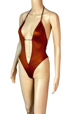 Dolce & Gabbana 1990's Gold Chains Plunging One Piece Bodysuit Swimwear Swimsuit