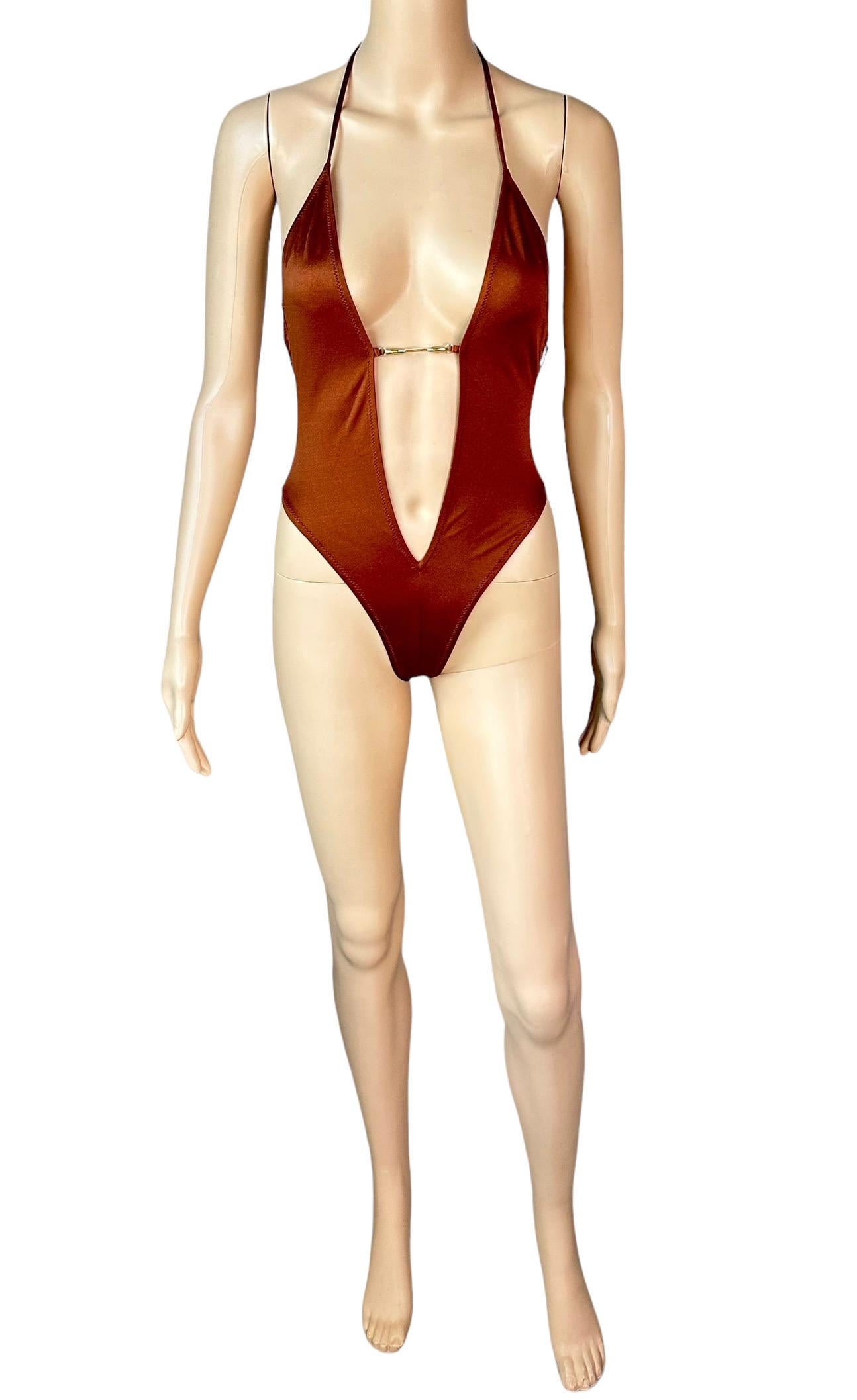Women's Dolce & Gabbana 1990's Gold Chains Plunging One Piece Bodysuit Swimwear Swimsuit For Sale