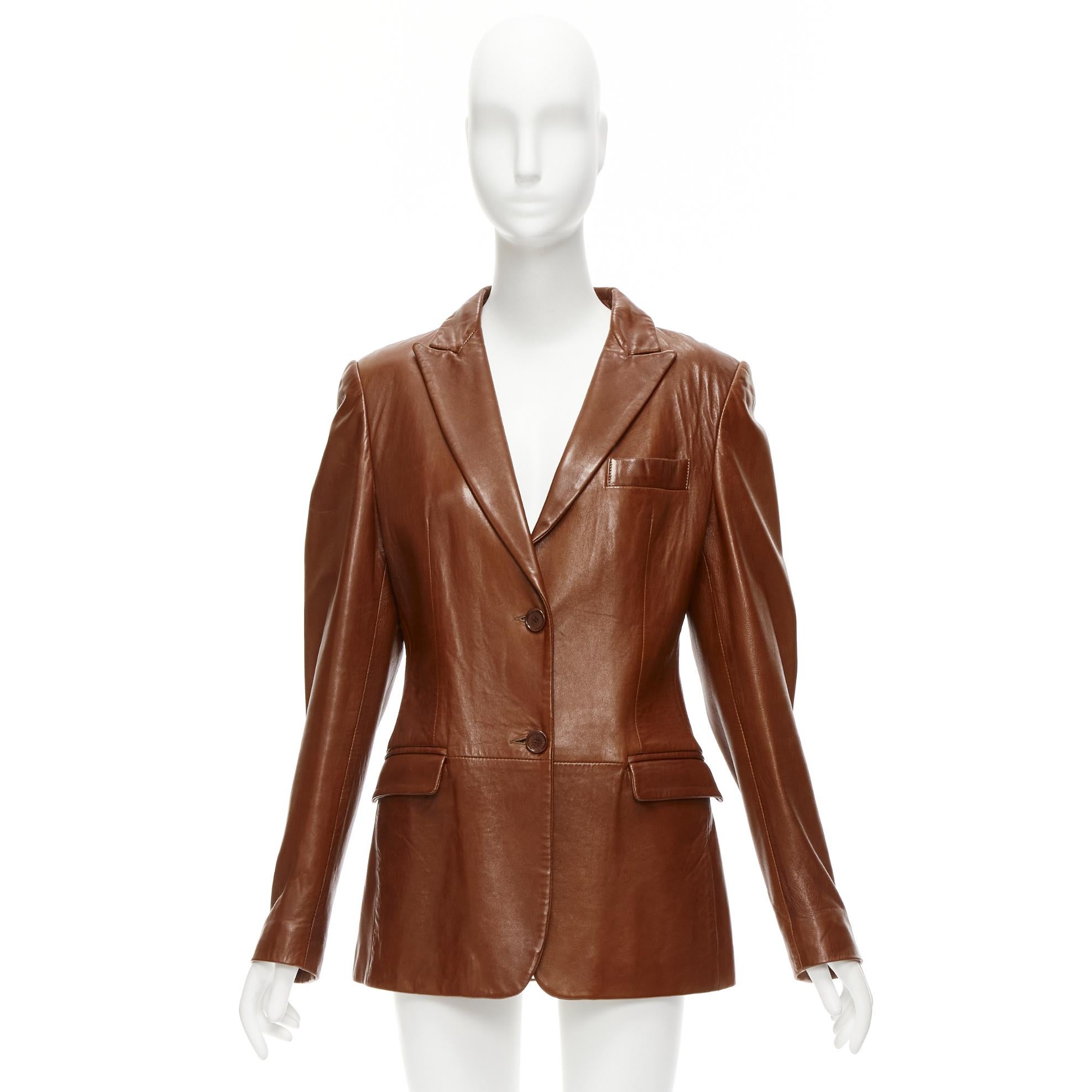 DOLCE GABBANA 1990s Vintage brown real leather pocketed blazer jacket UK8 S For Sale 6