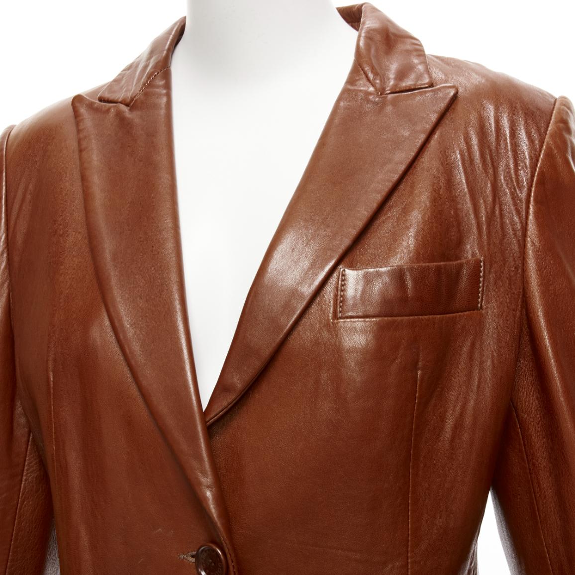 DOLCE GABBANA 1990s Vintage brown real leather pocketed blazer jacket UK8 S
Reference: TGAS/D01121
Brand: Dolce Gabbana
Designer: Domenico Dolce and Stefano Gabbana
Material: Leather
Color: Brown
Pattern: Solid
Closure: Button
Lining: Multicolour