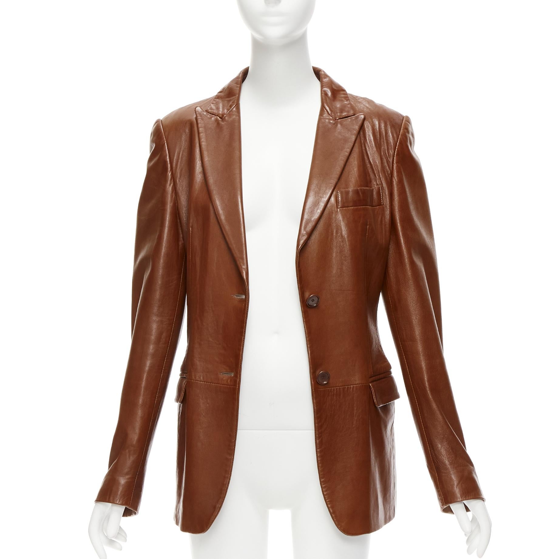 DOLCE GABBANA 1990s Vintage brown real leather pocketed blazer jacket UK8 S In Good Condition For Sale In Hong Kong, NT