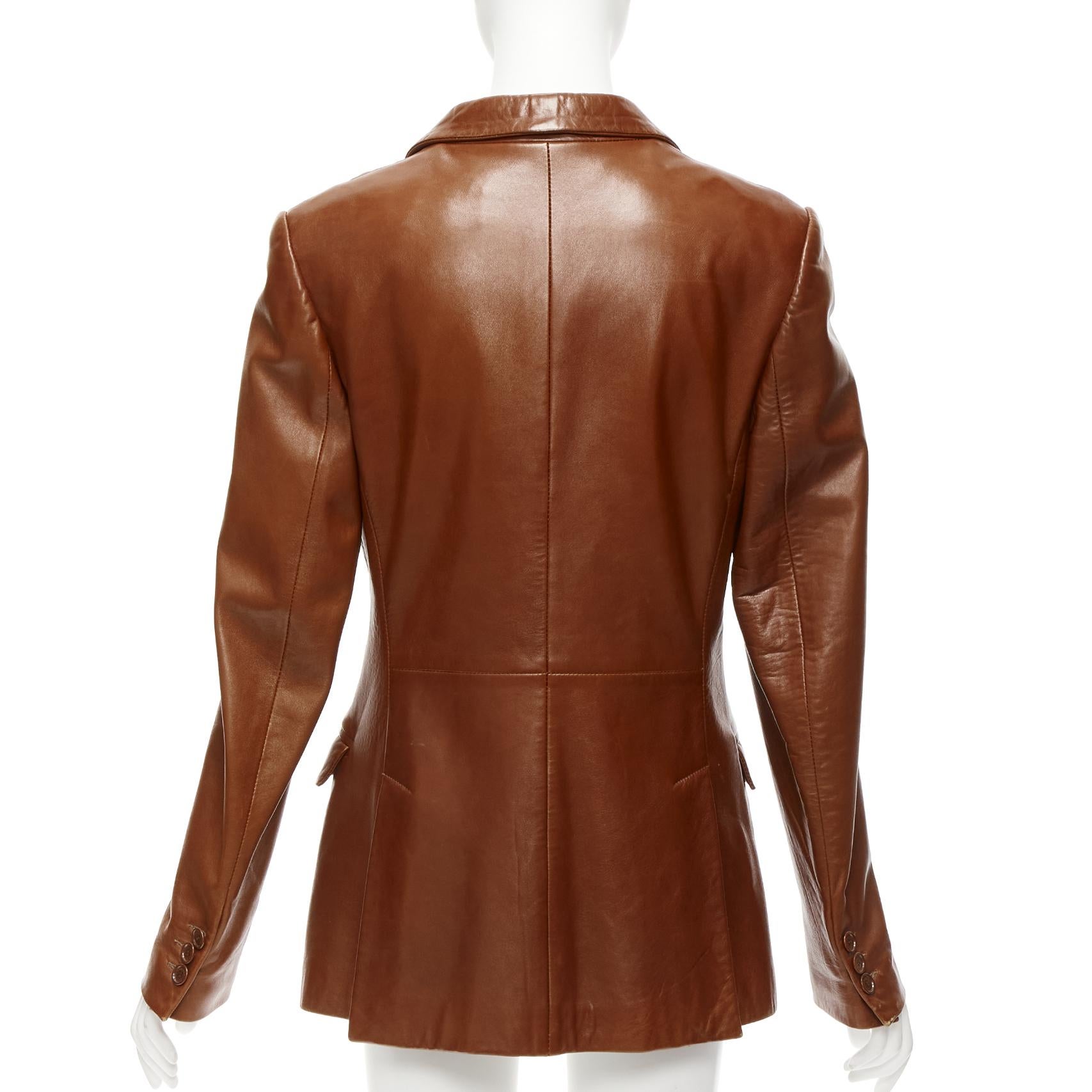 DOLCE GABBANA 1990s Vintage brown real leather pocketed blazer jacket UK8 S For Sale 2