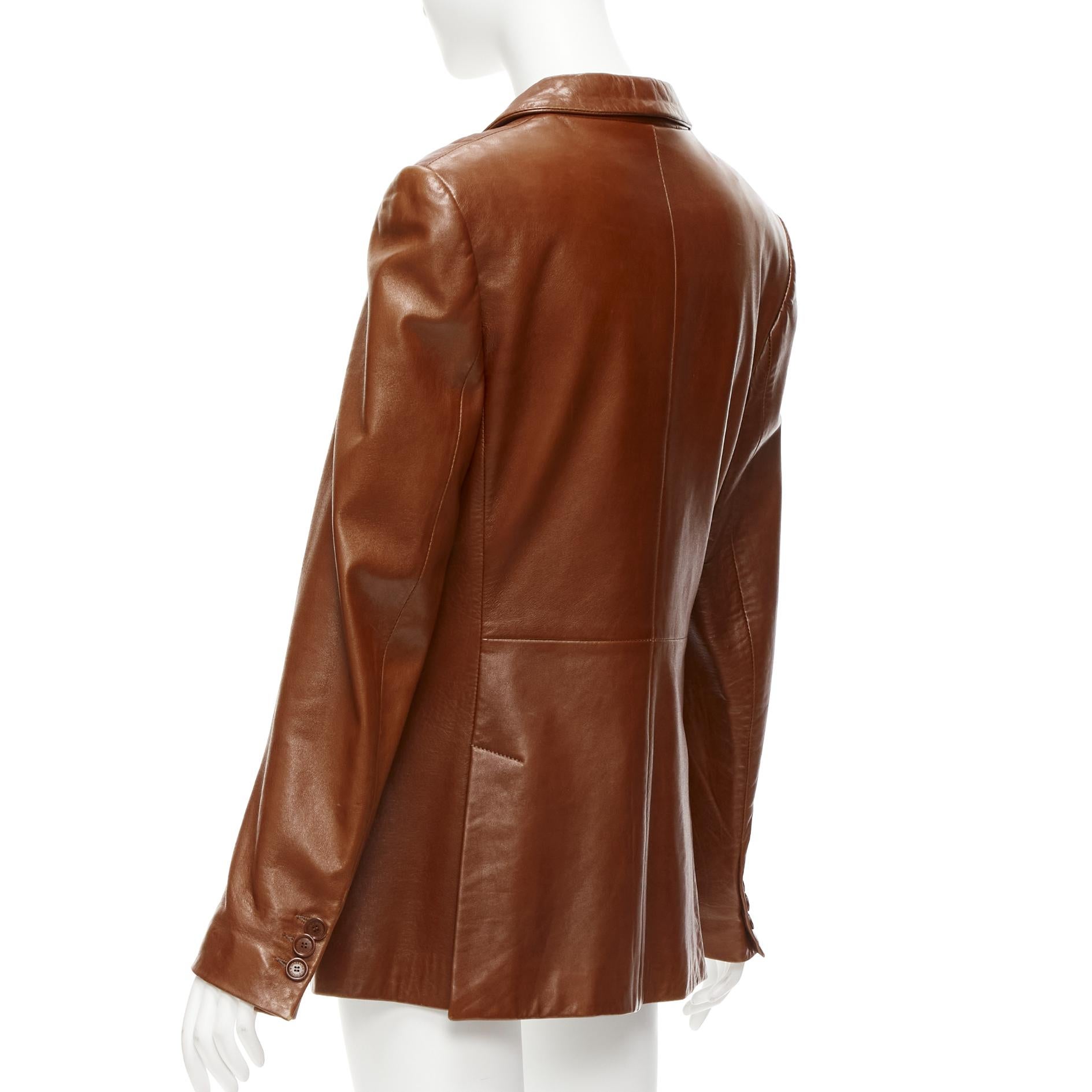 DOLCE GABBANA 1990s Vintage brown real leather pocketed blazer jacket UK8 S For Sale 3