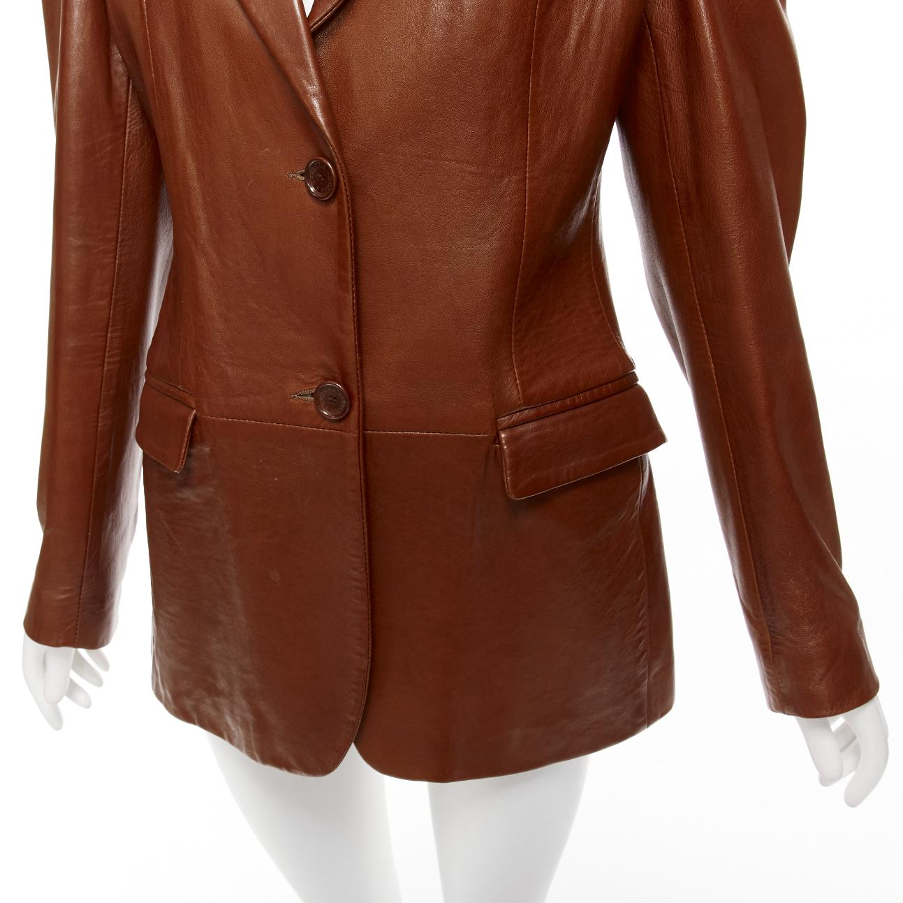 DOLCE GABBANA 1990s Vintage brown real leather pocketed blazer jacket UK8 S For Sale 4