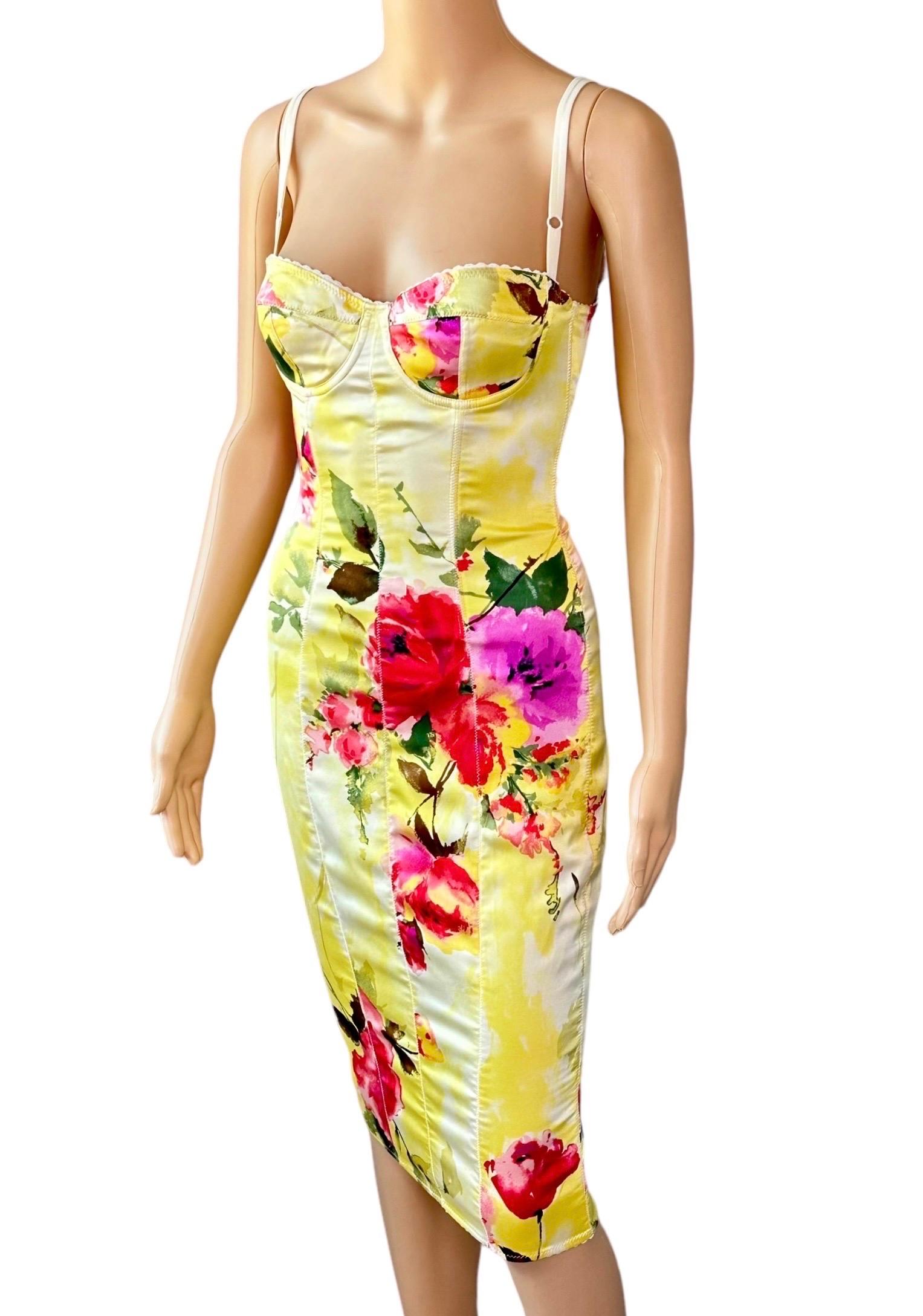 Beige Dolce & Gabbana 1990's Vintage Bustier Silk Floral Print Bodycon Midi Dress