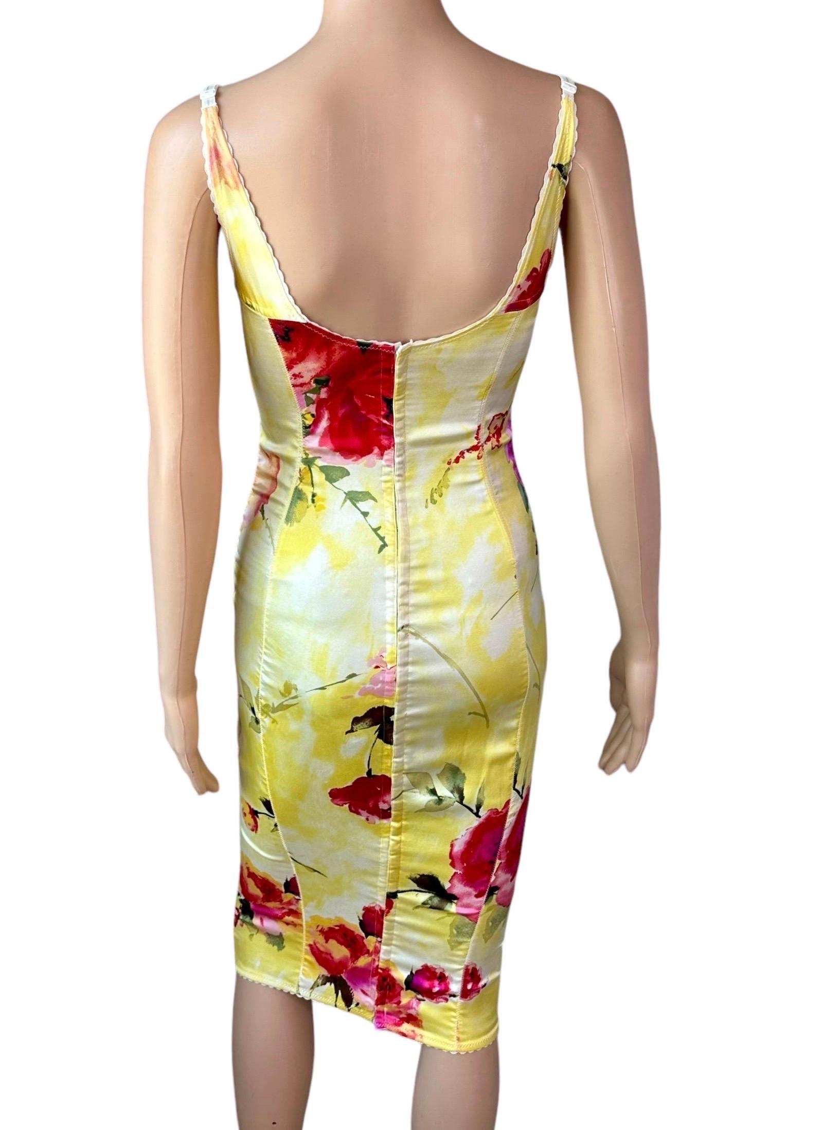 Women's Dolce & Gabbana 1990's Vintage Bustier Silk Floral Print Bodycon Midi Dress