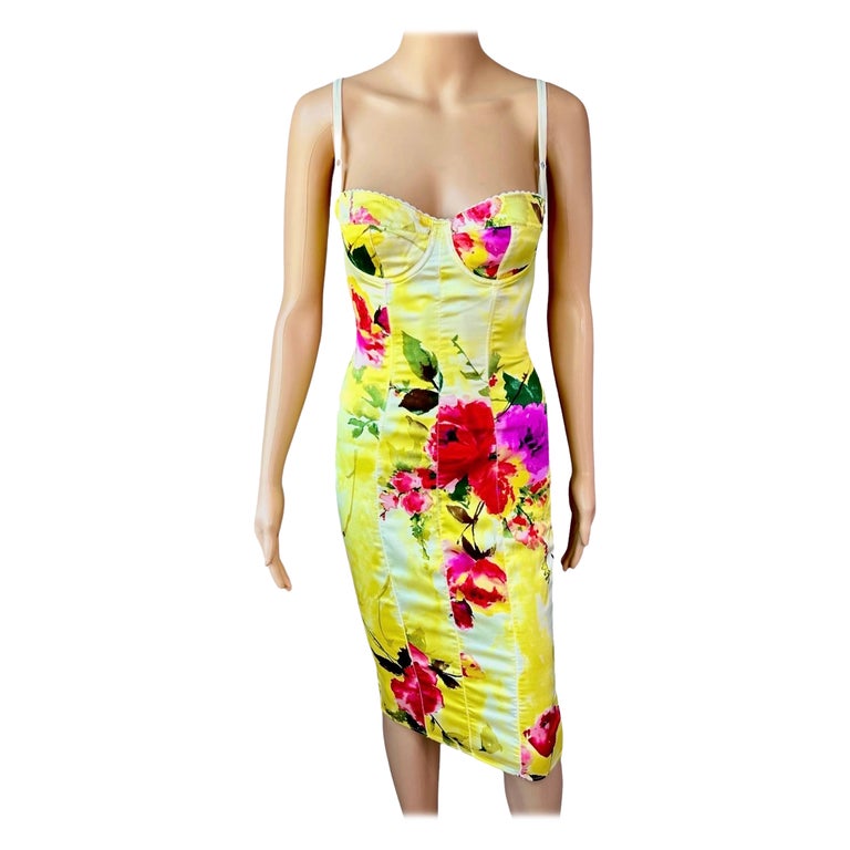 Dolce & Gabbana 1990's Vintage Bustier Silk Floral Print Bodycon Midi Dress Dolce & Gabbana 1990's Vintage Bustier Silk Floral Print Bodycon Midi Dress