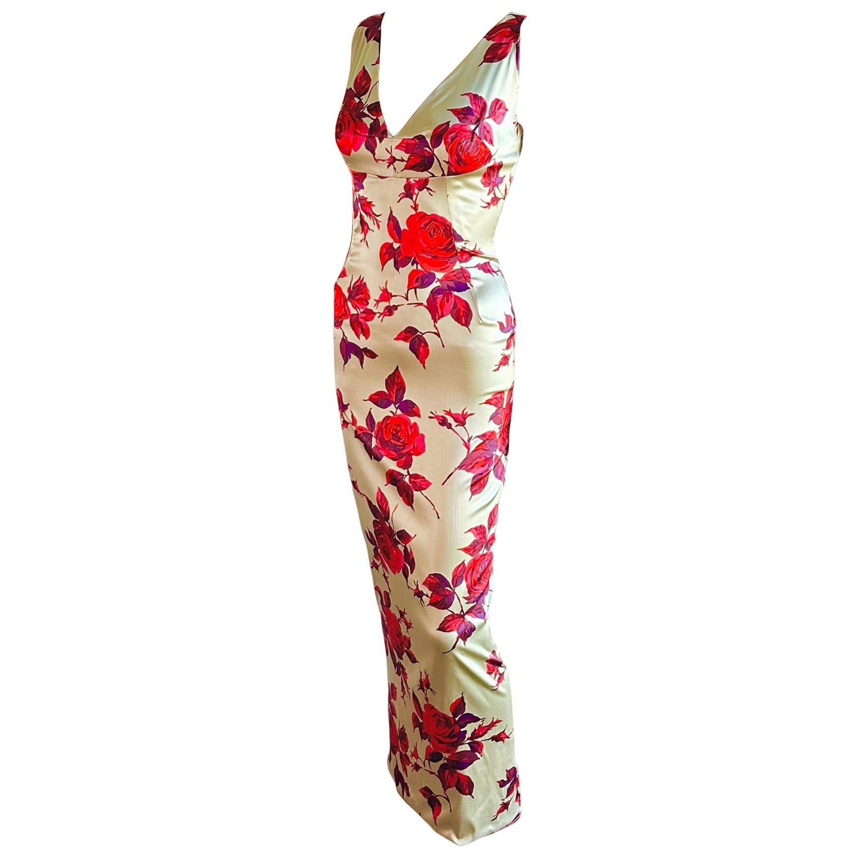 Robe de soirée Dolce & Gabbana des années 1990, non portée, en soie imprimée florale rose