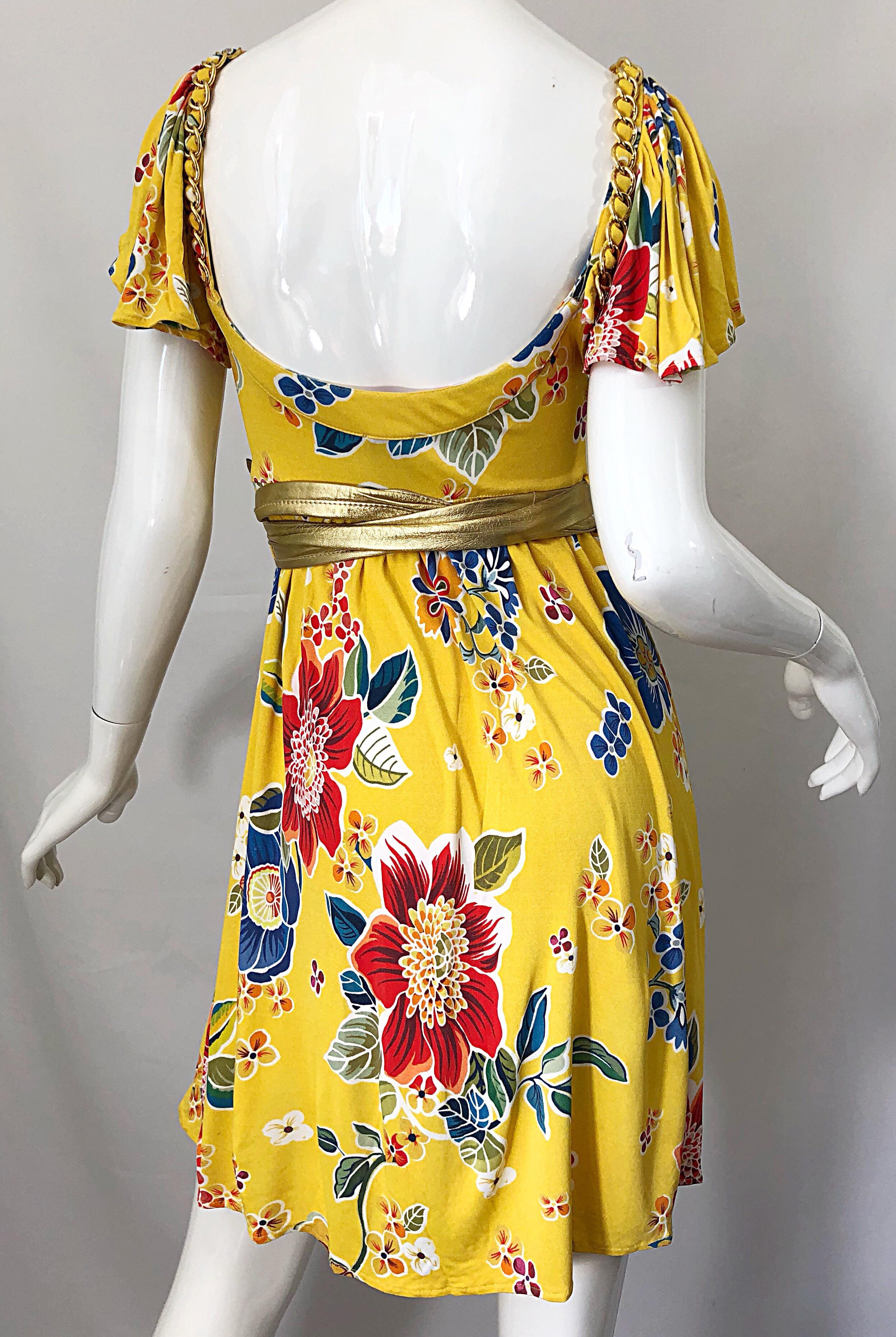 Dolce and Gabbana 1990s Yellow Flower Print Gold Chainlink Belted ...