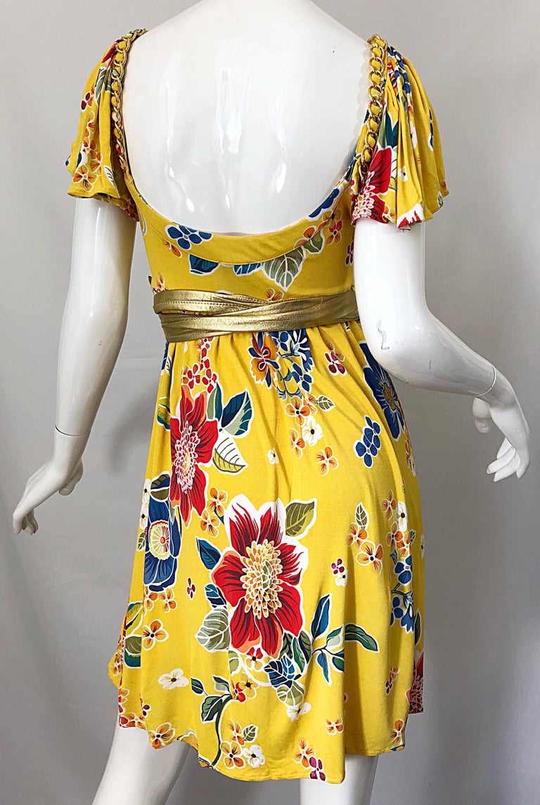 Dolce & Gabbana 1990s Yellow Flower Print Gold Chainlink Belted Babydoll Dress 5