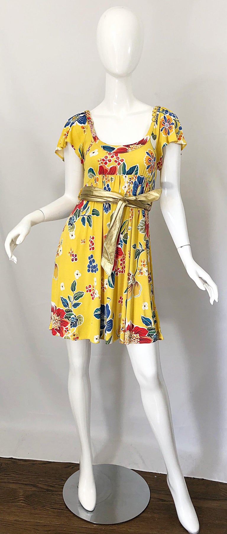 Dolce & Gabbana 1990s Yellow Flower Print Gold Chainlink Belted Babydoll Dress 6