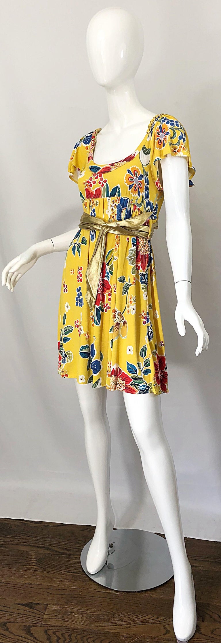 Dolce & Gabbana 1990s Yellow Flower Print Gold Chainlink Belted Babydoll Dress 1