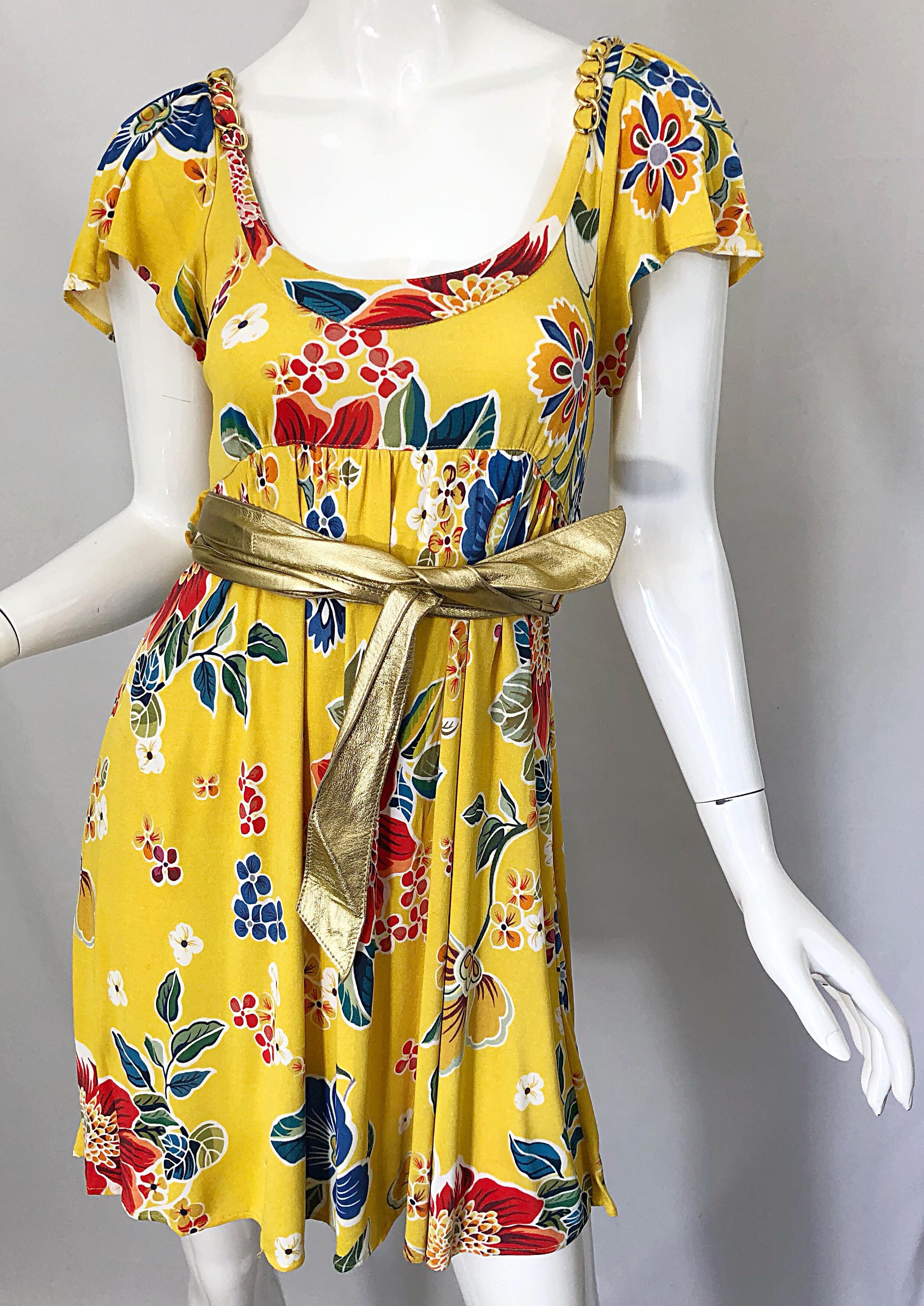Dolce & Gabbana 1990s Yellow Flower Print Gold Chainlink Belted Babydoll Dress 2