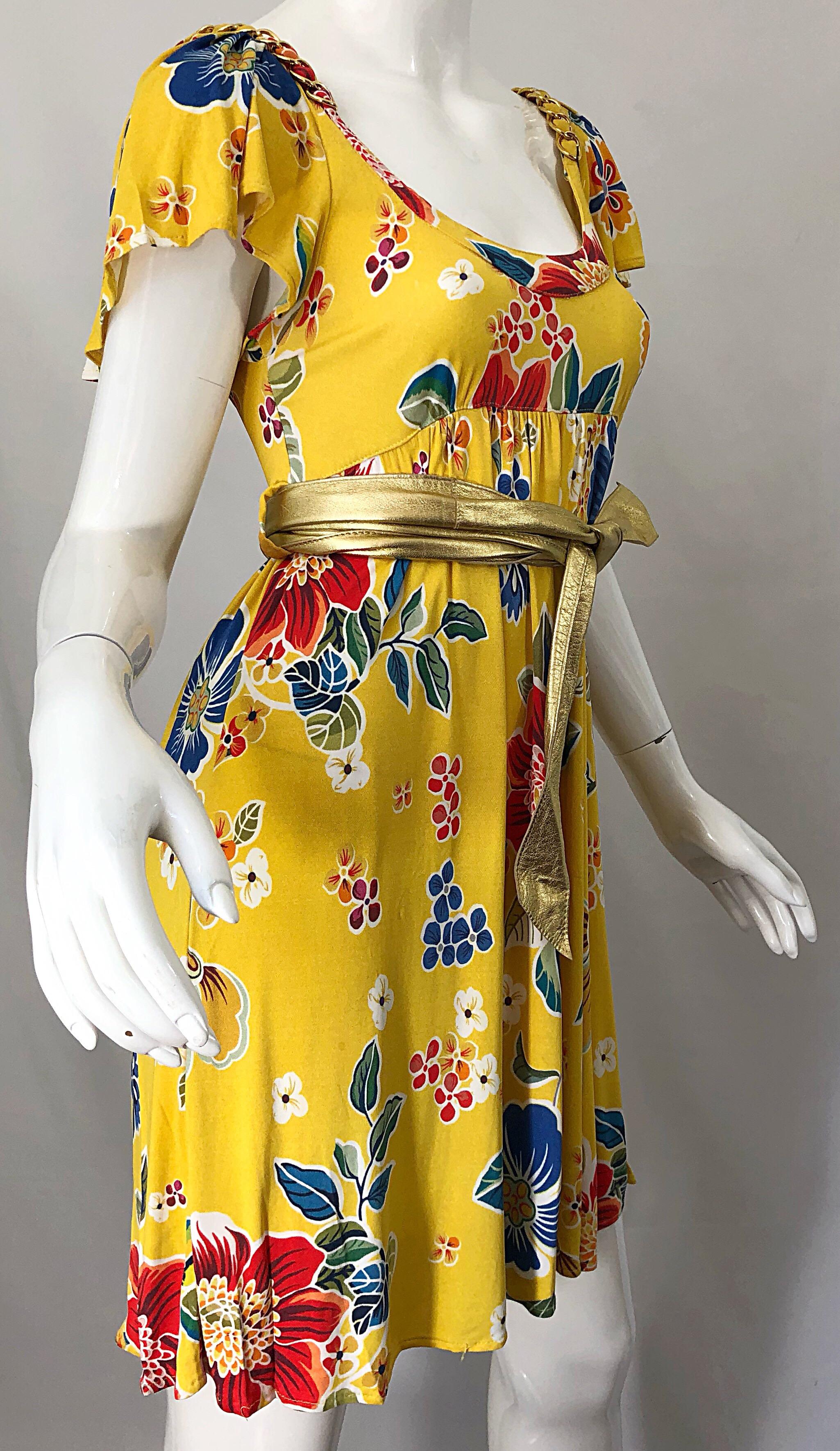 Dolce & Gabbana 1990s Yellow Flower Print Gold Chainlink Belted Babydoll Dress 3