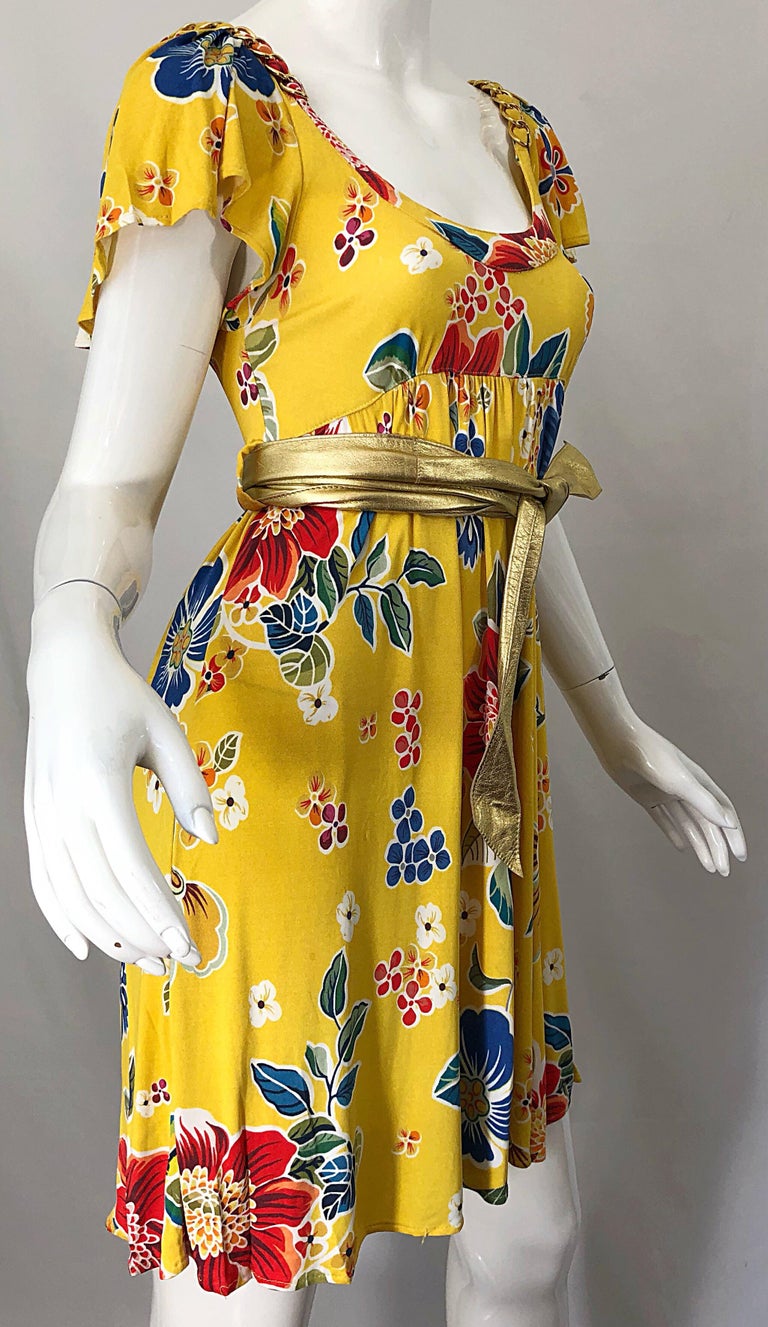 Dolce & Gabbana 1990s Yellow Flower Print Gold Chainlink Belted Babydoll Dress 3