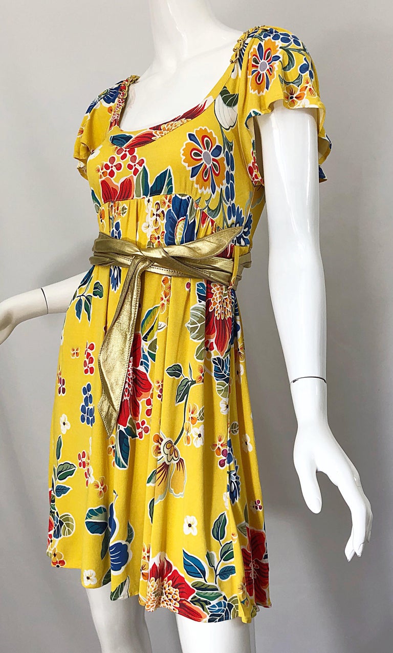 Dolce & Gabbana 1990s Yellow Flower Print Gold Chainlink Belted Babydoll Dress 4
