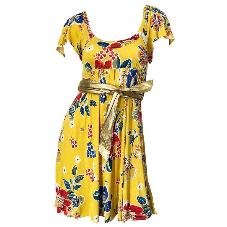 Dolce & Gabbana 1990s Yellow Flower Print Gold Chainlink Belted Babydoll Dress