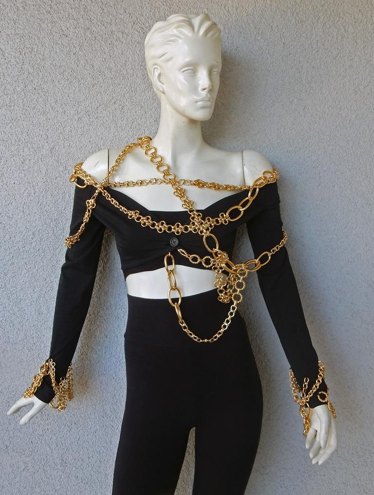 Black Dolce & Gabbana 1991 Runway Bondage Gold Rolo Chains Bolero Jacket    New!