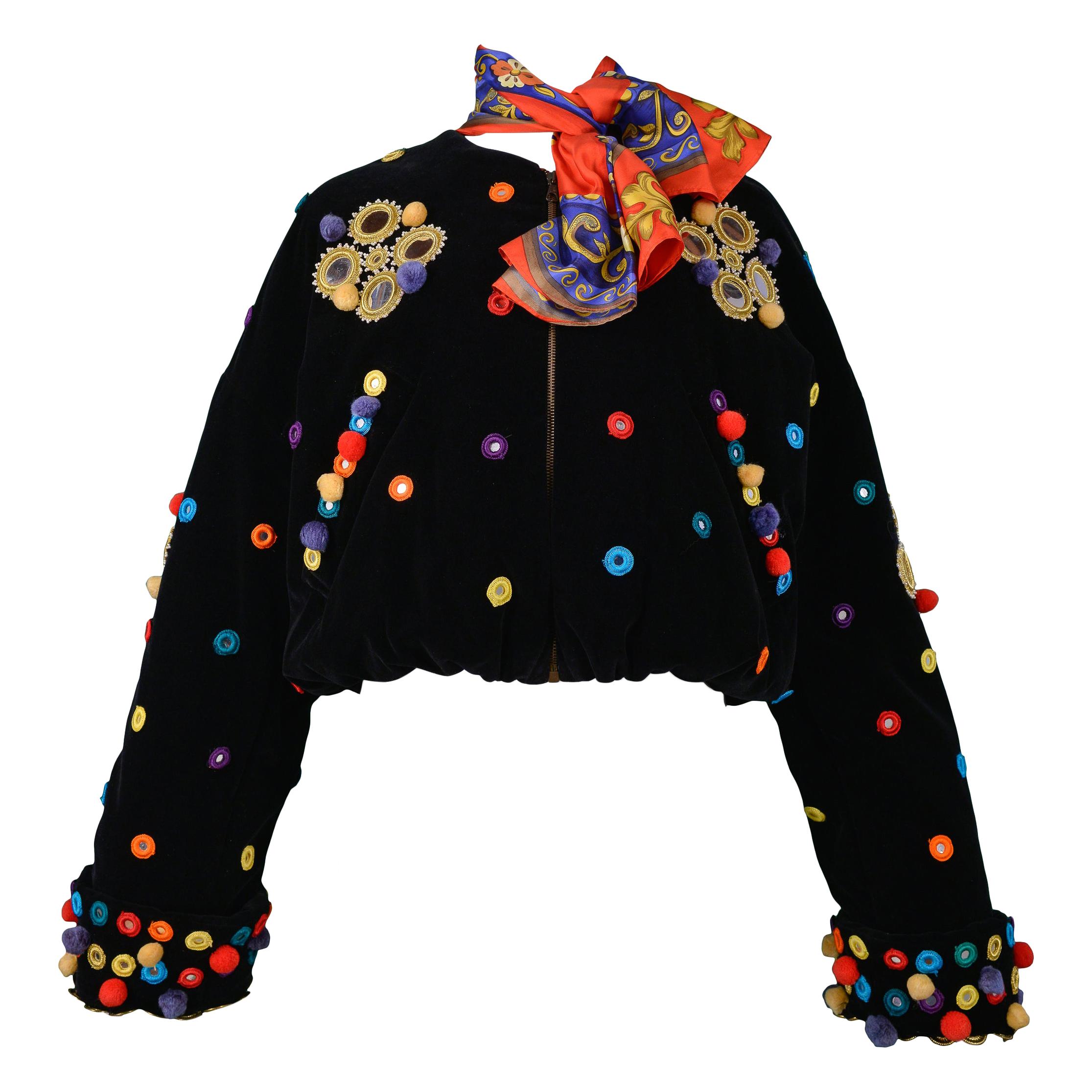 Dolce & Gabbana 1992 Velvet, Applique, and Pom Pon Bomber Runway Jacket  For Sale
