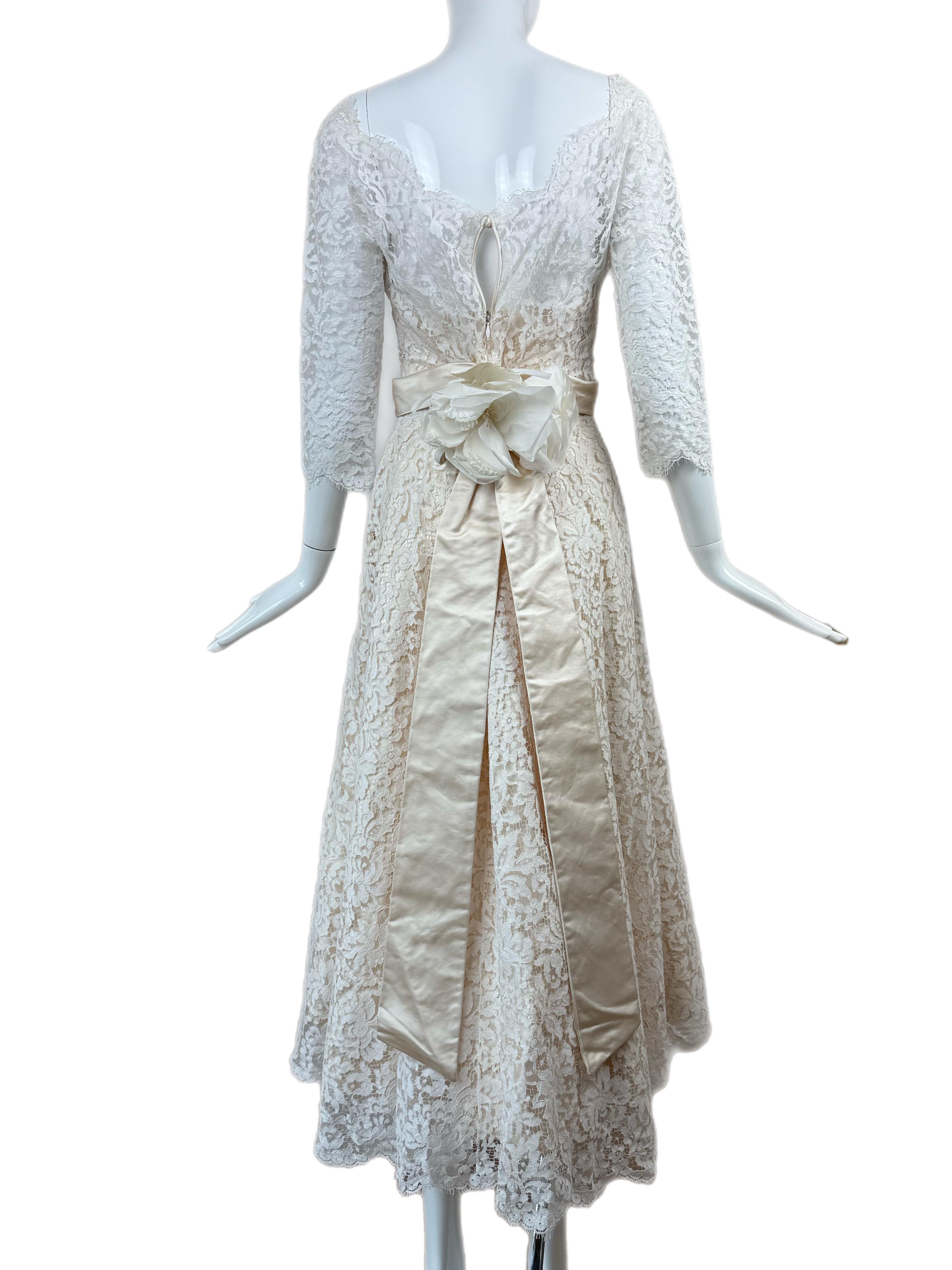 DOLCE & GABBANA 1993 Vintage Lace Wedding Dress Ivory Belt Flower Applique For Sale 2