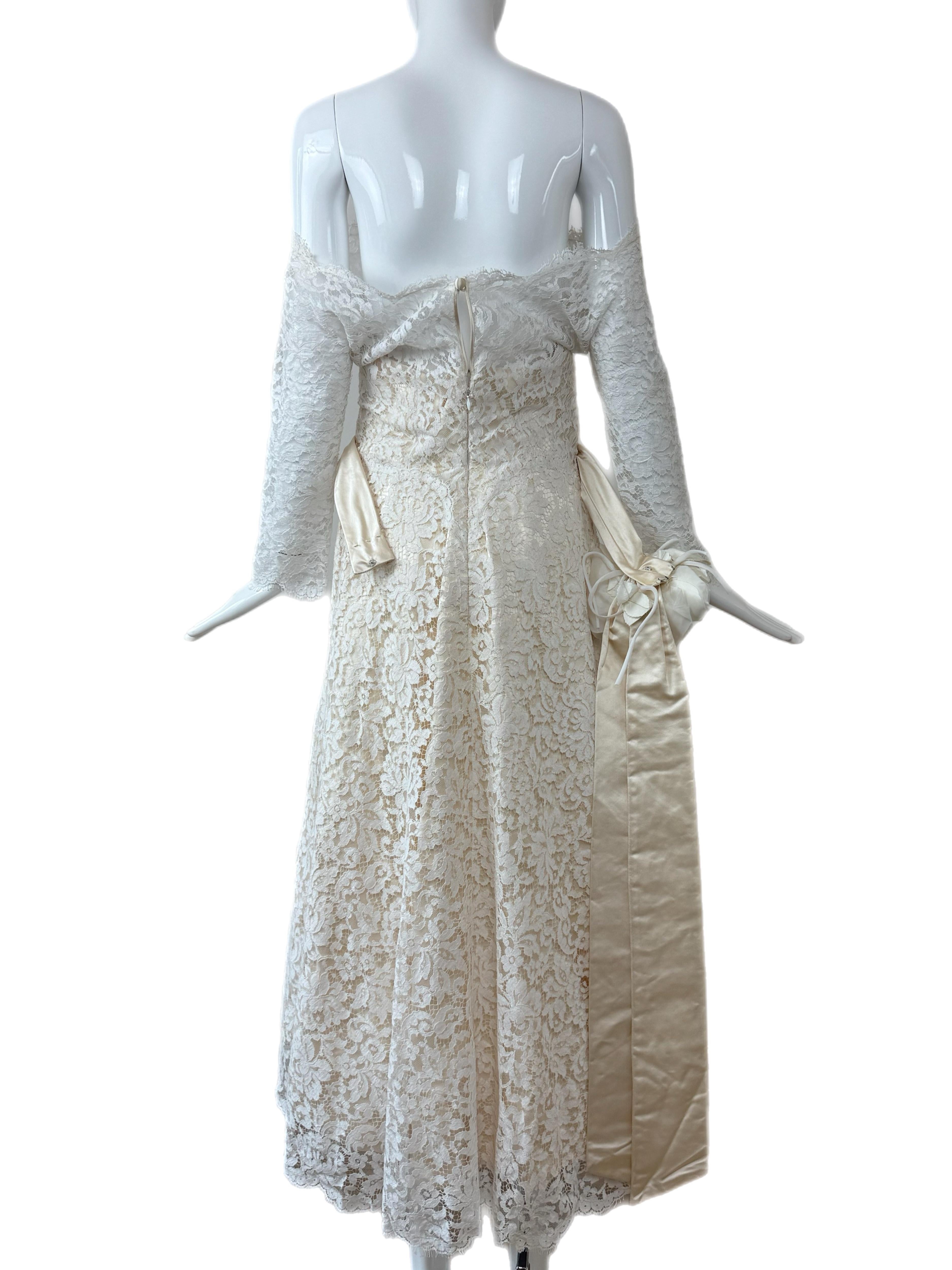 DOLCE & GABBANA 1993 Vintage Lace Wedding Dress Ivory Belt Flower Applique For Sale 4