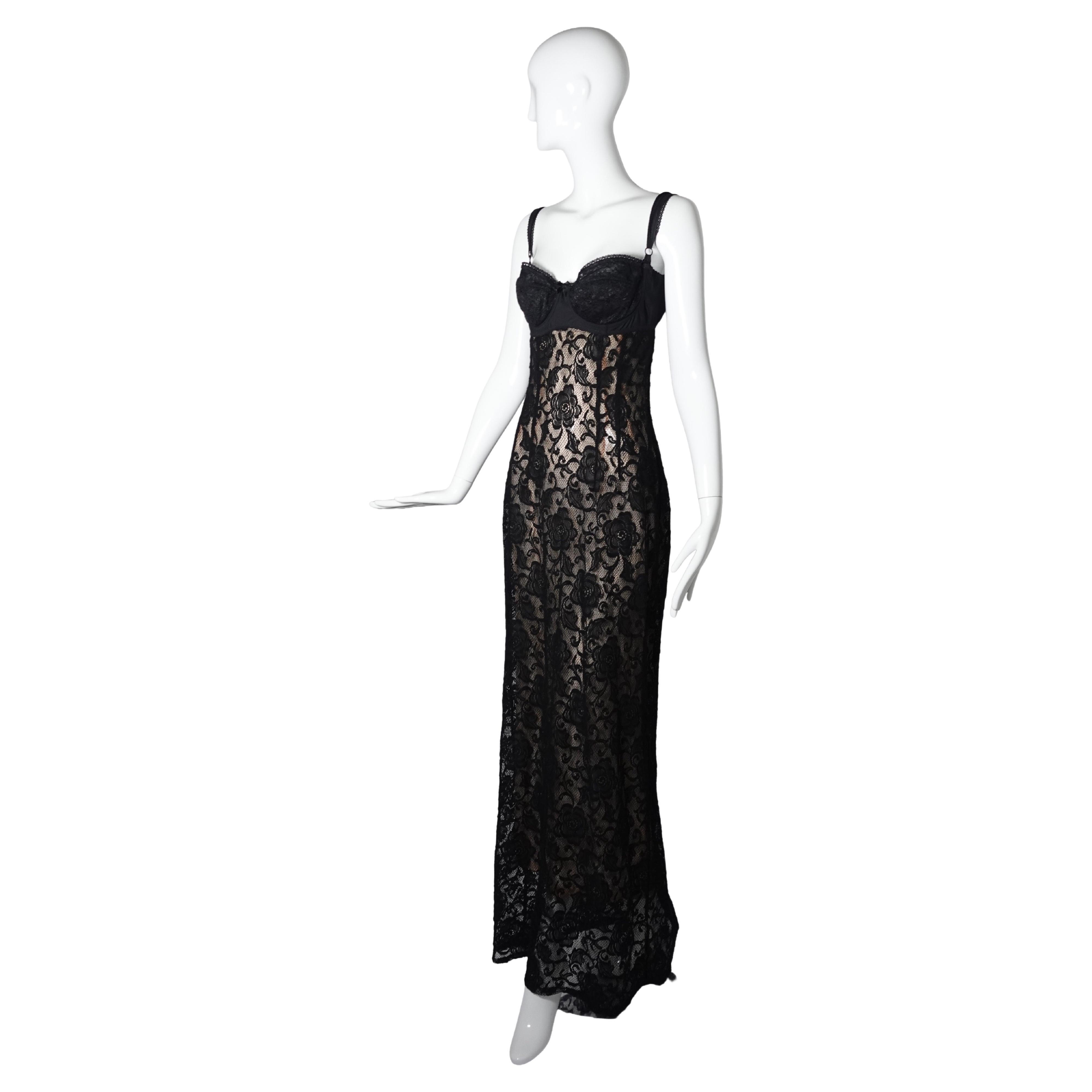 Dolce & Gabbana 1997 Black Sheer Lace Bustier Gown