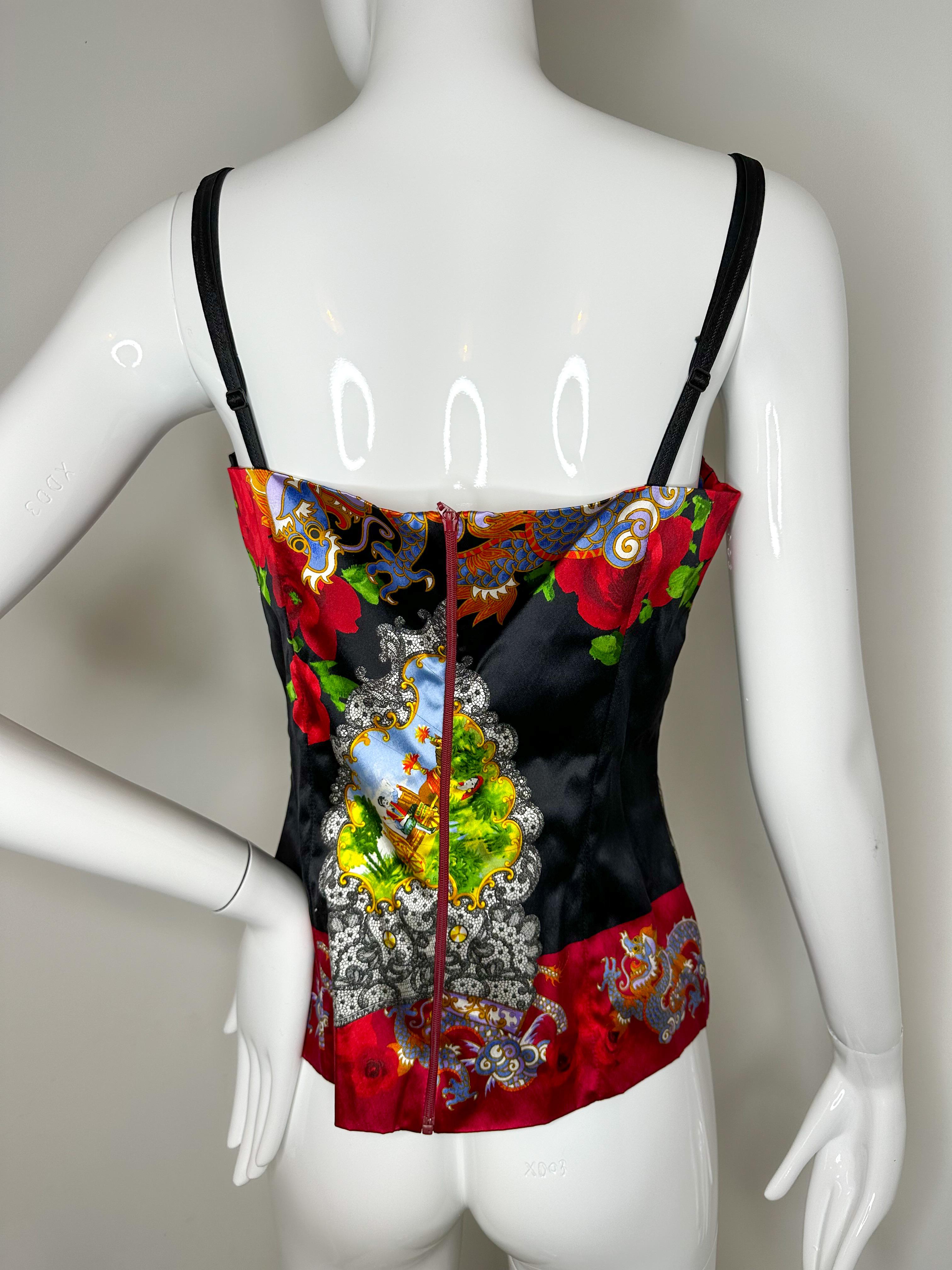 Dolce Gabbana fall 1998 dragon silk Chinese theme bustier top

Size 46

Zipper in the back 
Please see measurements in the photos. They are APPROXIMATE!

There is some stretch to material
