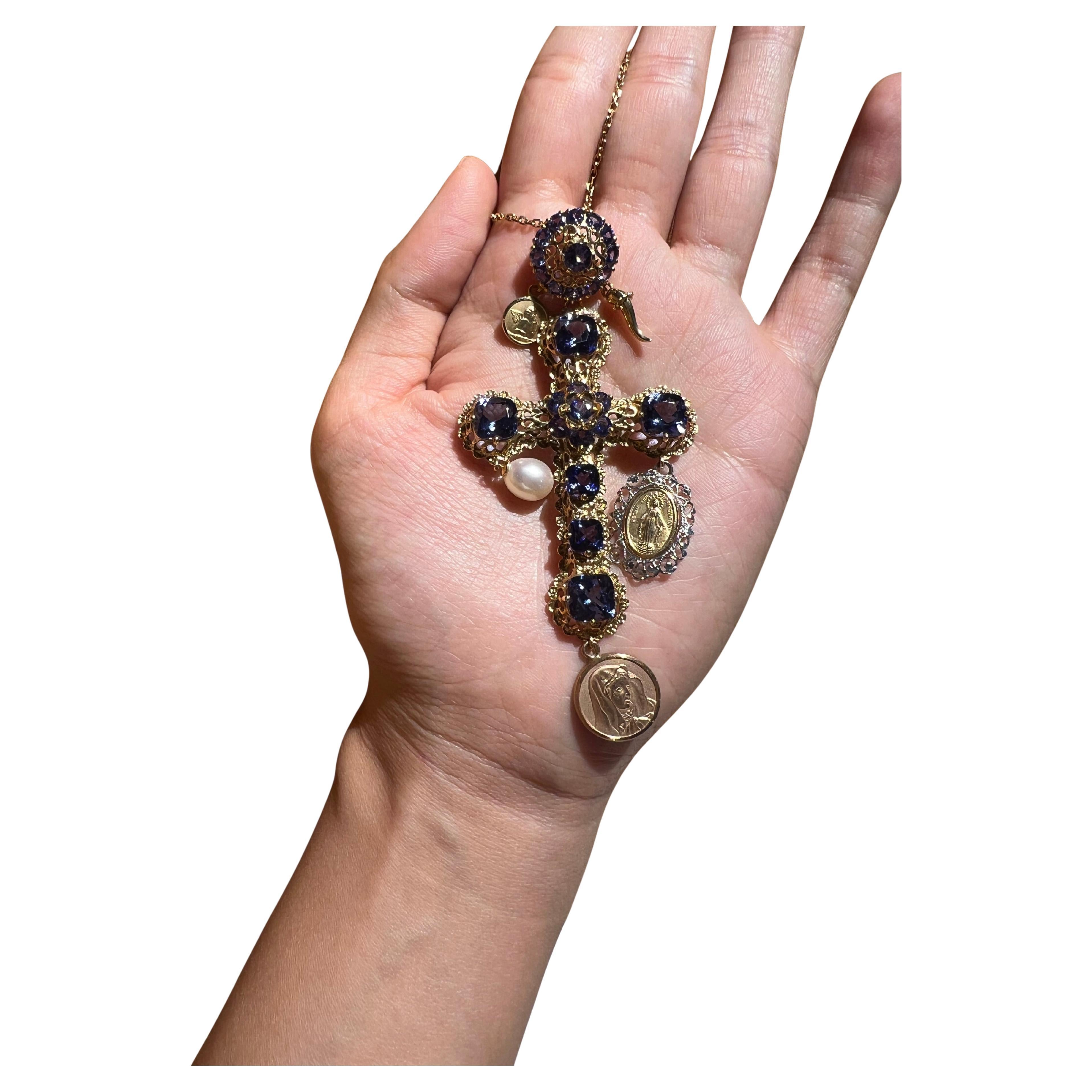 Dolce & Gabbana 2000s Gold and Gemstone Cross Necklace For Sale