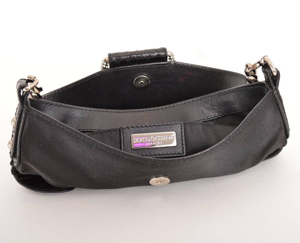 Women's or Men's Dolce & Gabbana 2000'S Python Skin & Swarovski Crystal Black Satin Shoulder Bag For Sale