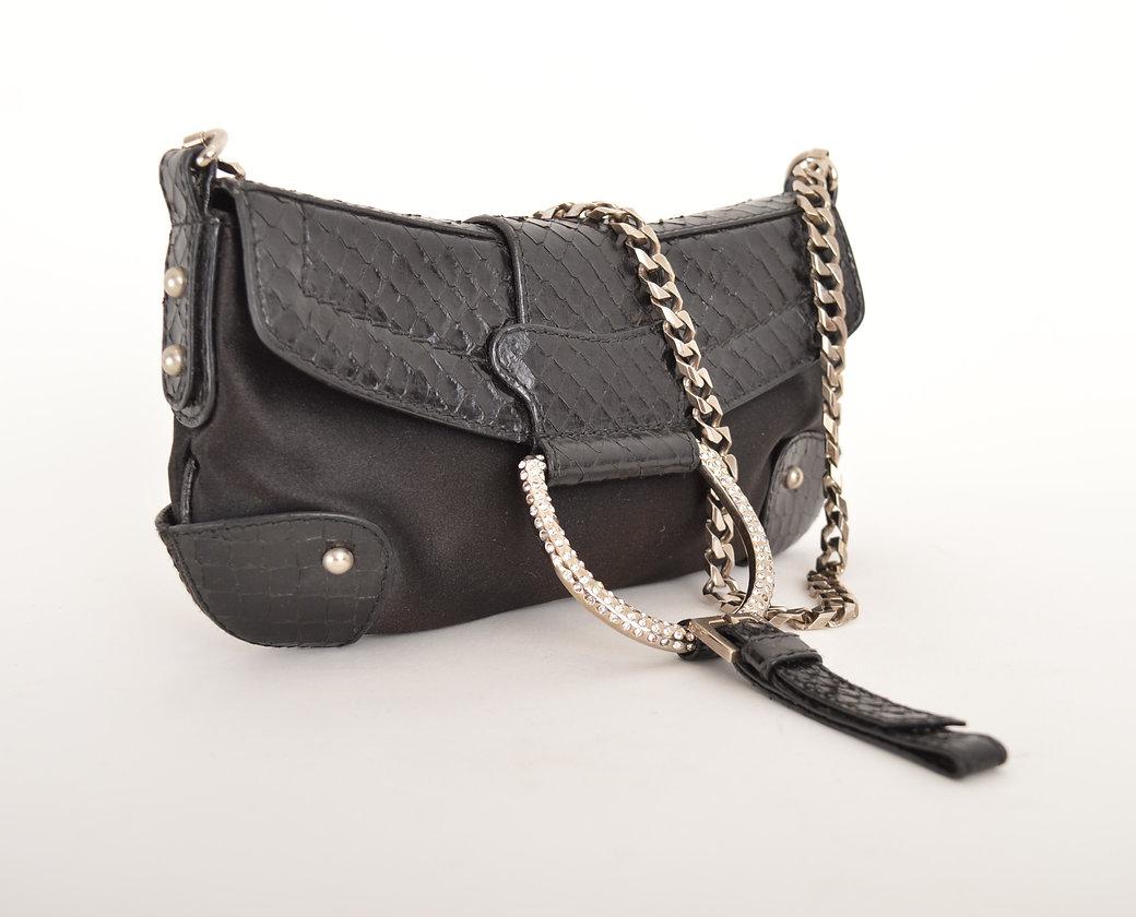 Dolce & Gabbana 2000'S Python Skin & Swarovski Crystal Black Satin Shoulder Bag For Sale 1