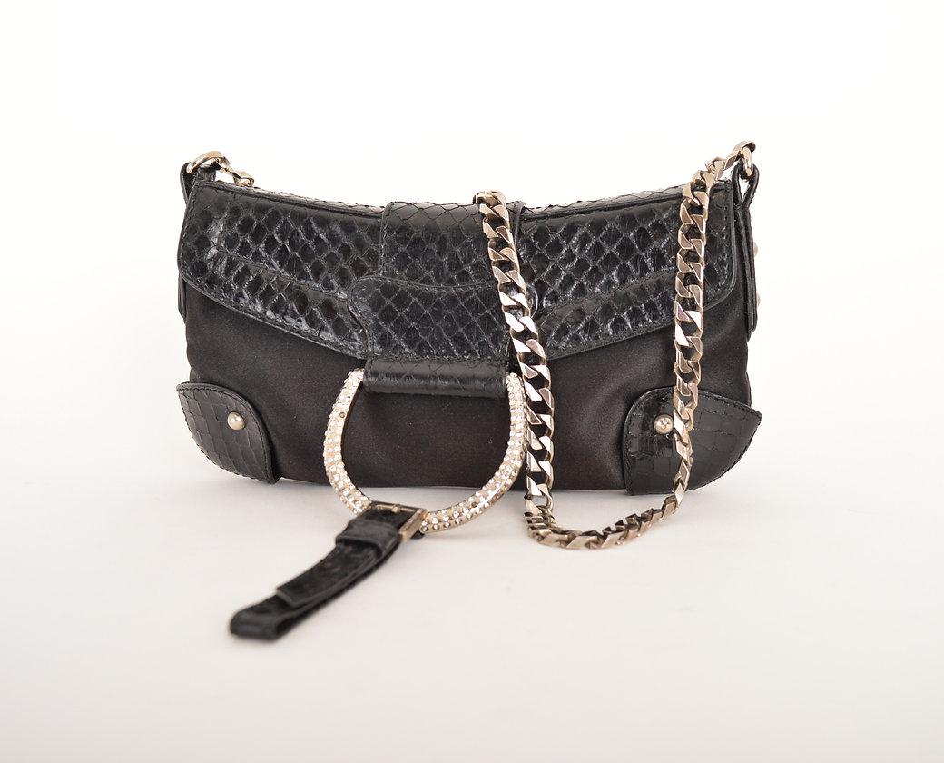 Dolce & Gabbana 2000'S Python Skin & Swarovski Crystal Black Satin Shoulder Bag For Sale 3