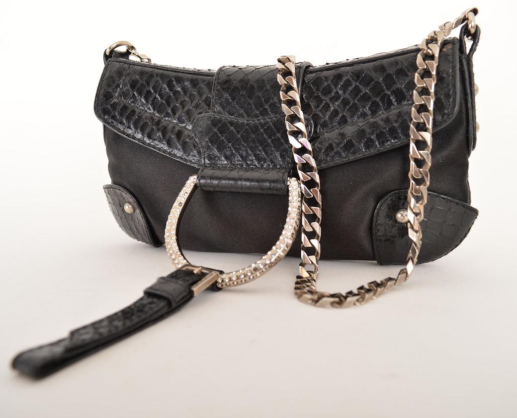 Dolce & Gabbana 2000'S Python Skin & Swarovski Crystal Black Satin Shoulder Bag For Sale 5