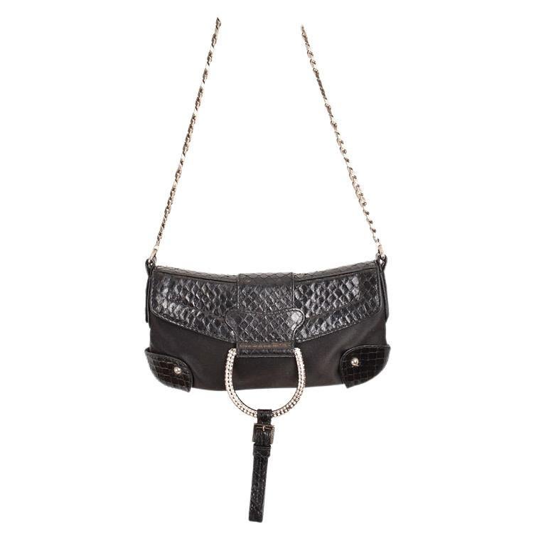 Dolce & Gabbana 2000'S Python Skin & Swarovski Crystal Black Satin Shoulder Bag For Sale
