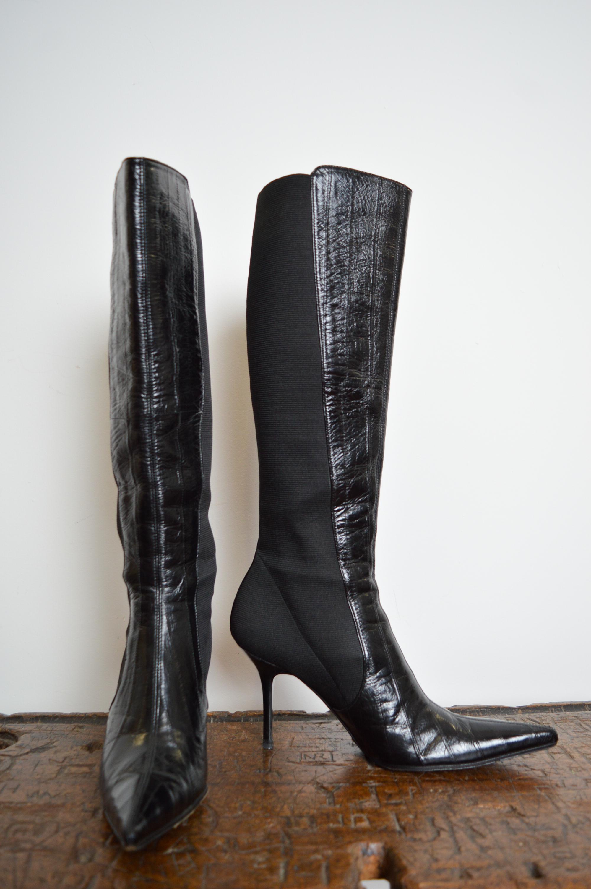 DOLCE & GABBANA 2000s Sexy Patent Black shiny Leather Stiletto Knee Boots For Sale 10