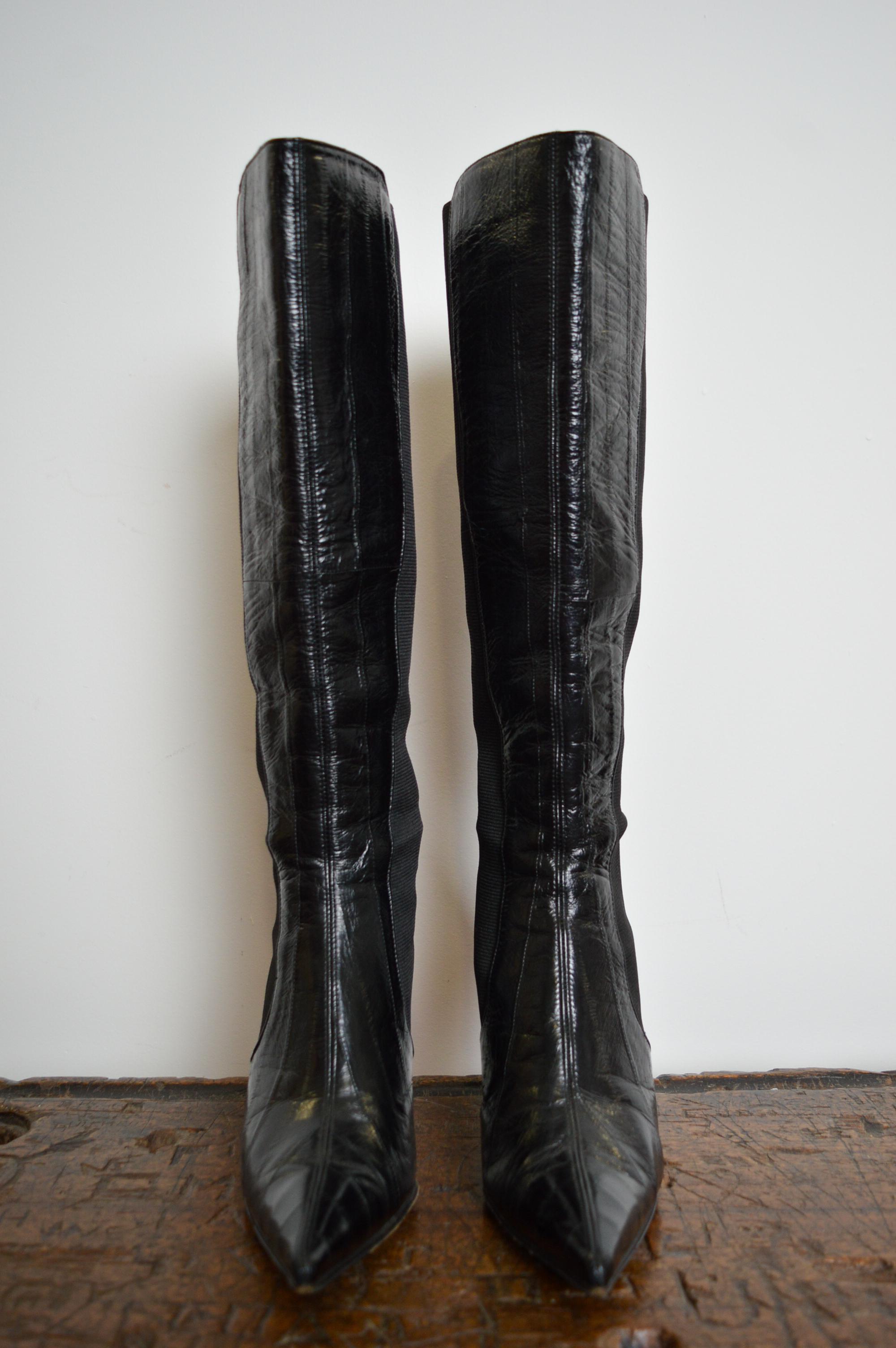 DOLCE & GABBANA 2000s Sexy Patent Black shiny Leather Stiletto Knee Boots For Sale 1