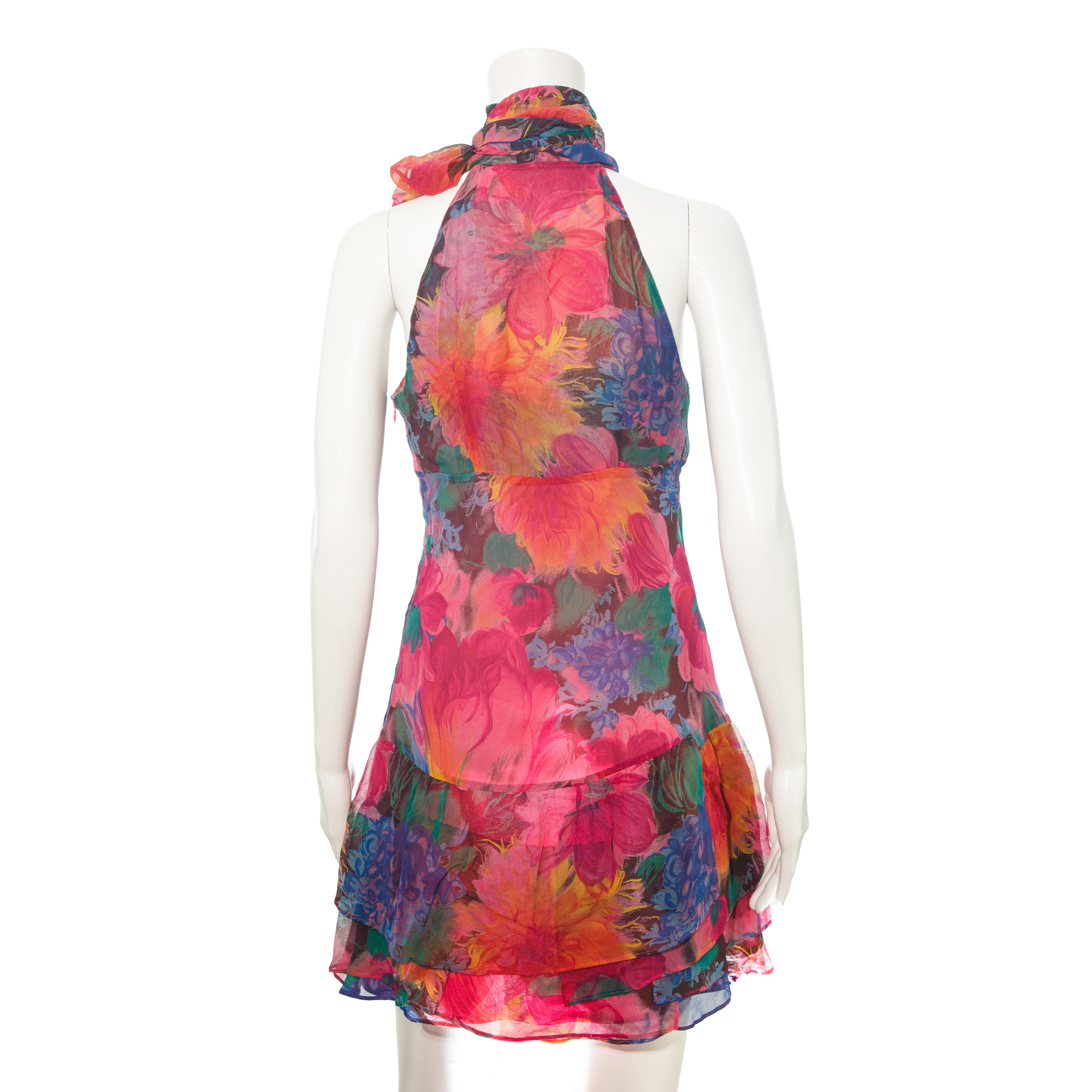 Pink Dolce & Gabbana 2000s Silk Ruffle Flower Print Mini Dress