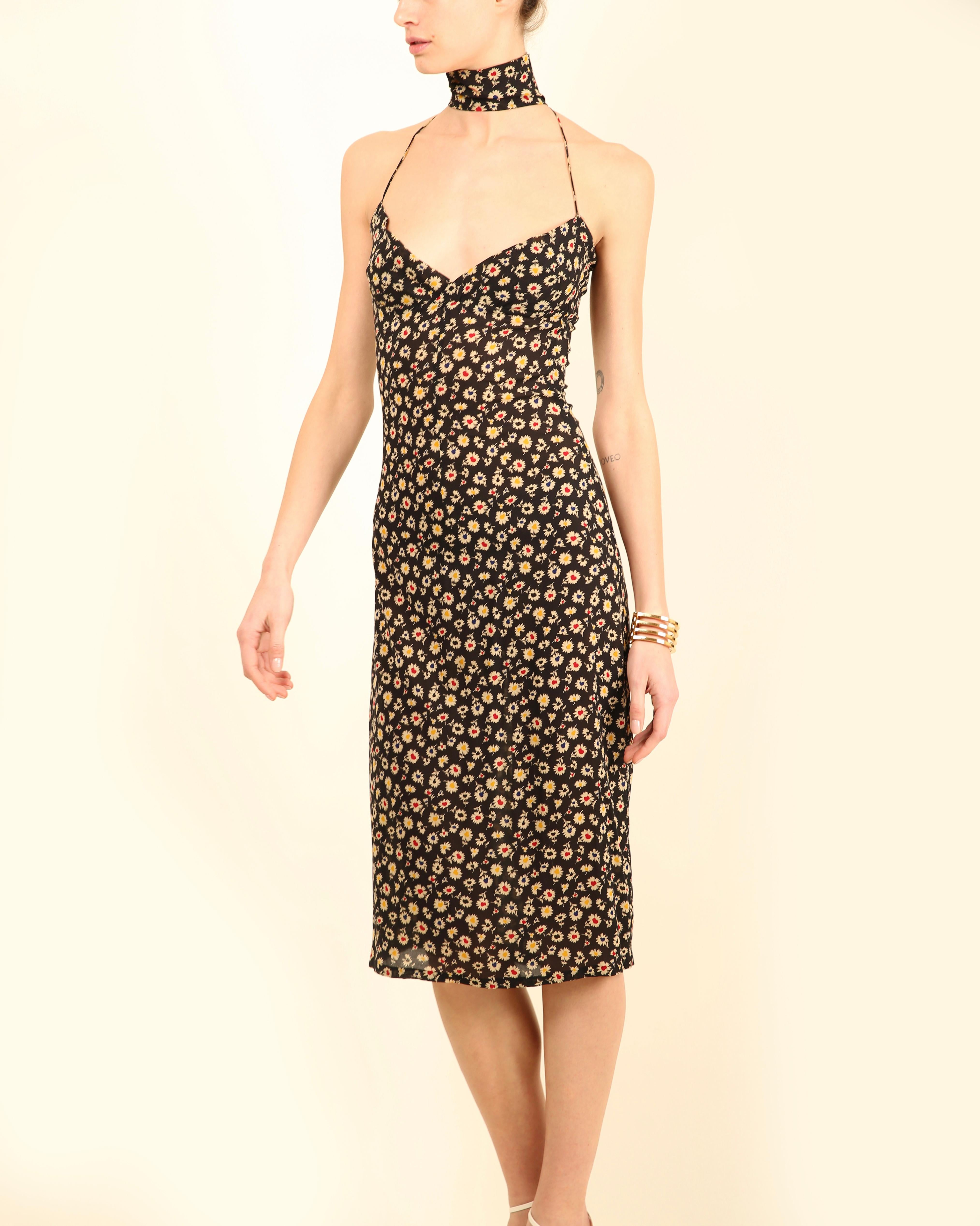 Robe midi col bénitier Dolce & Gabbana 2001 en soie noire à imprimé floral marguerite XS en vente 6