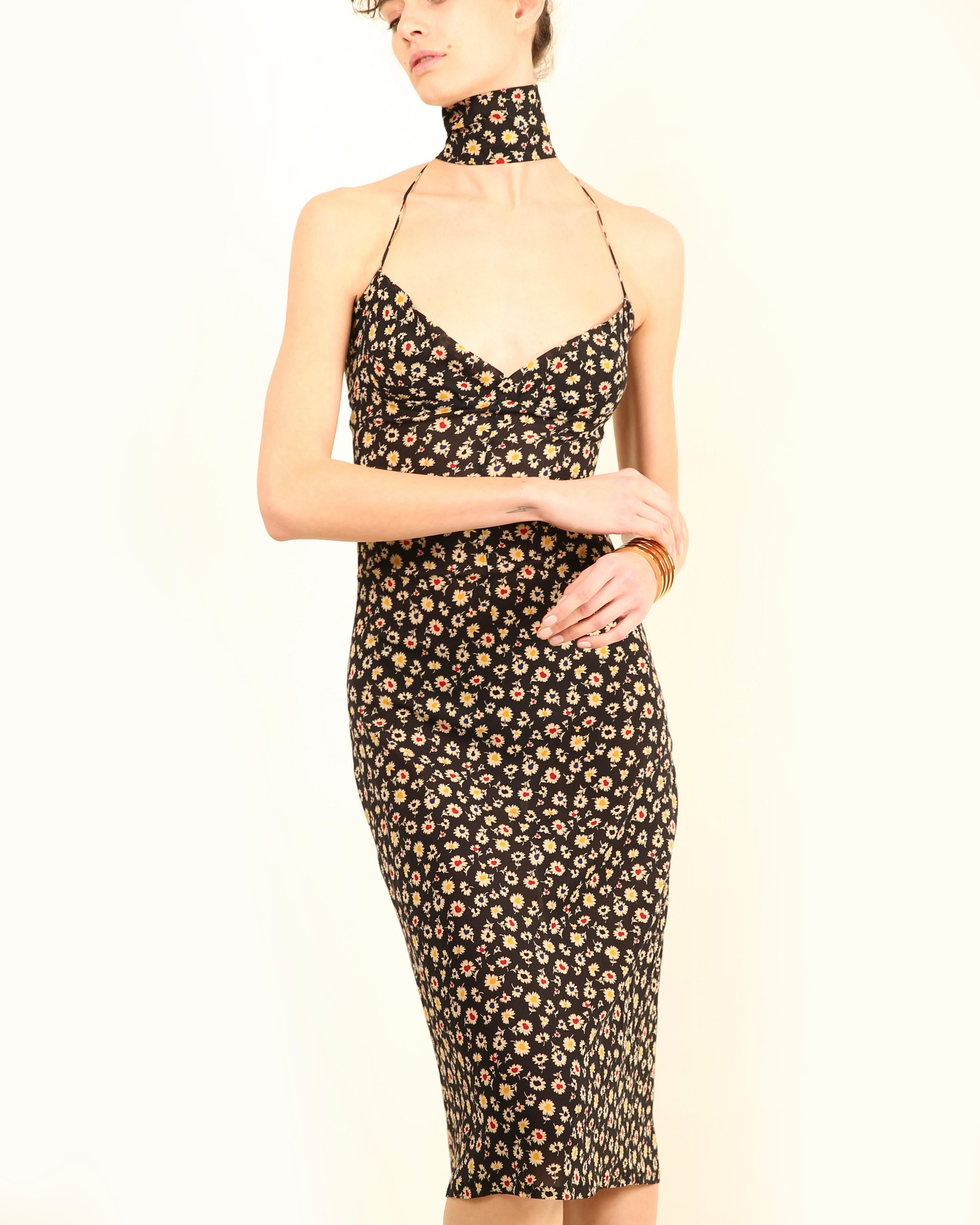 Robe midi col bénitier Dolce & Gabbana 2001 en soie noire à imprimé floral marguerite XS en vente 2