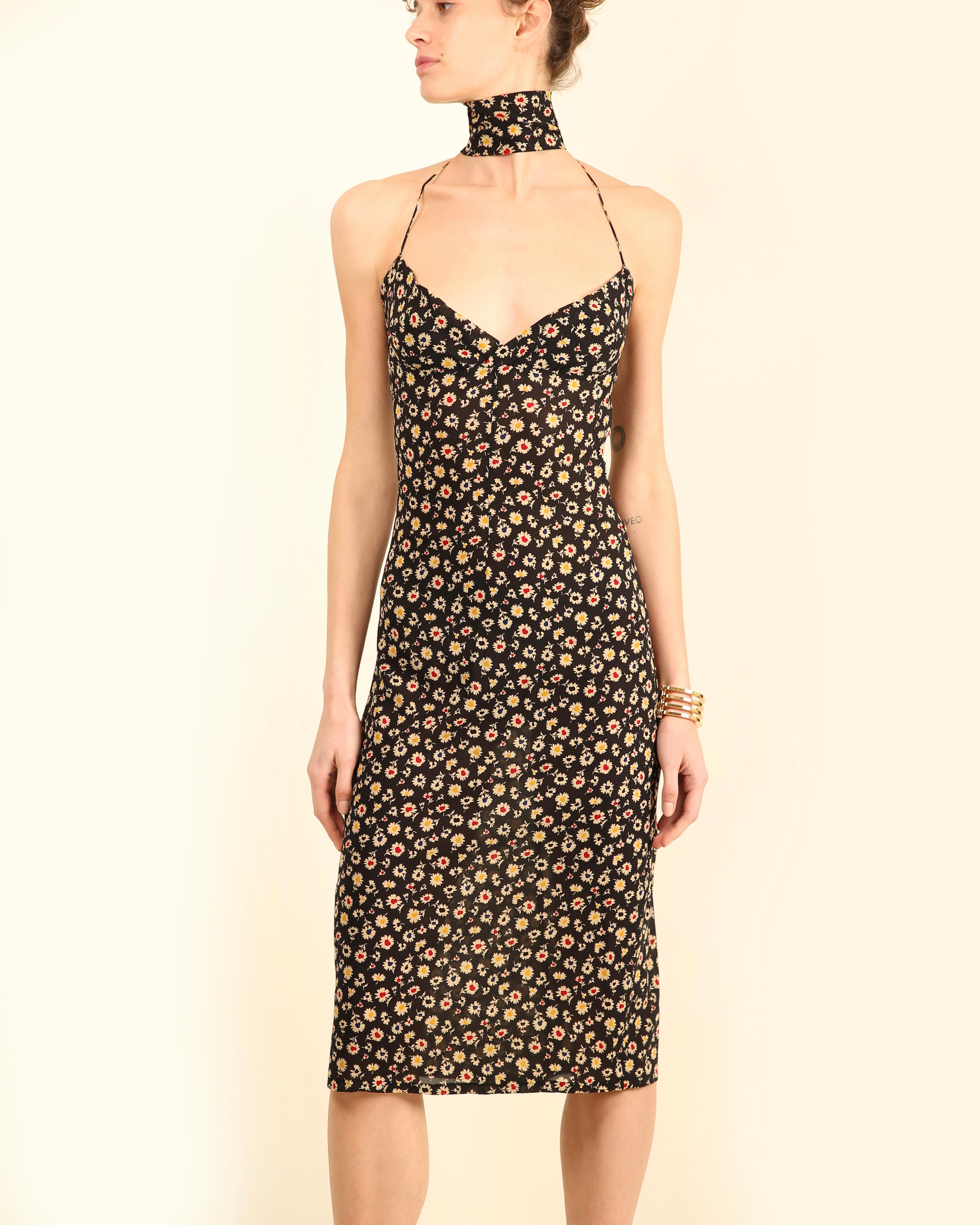 Robe midi col bénitier Dolce & Gabbana 2001 en soie noire à imprimé floral marguerite XS en vente 4