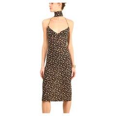 Dolce & Gabbana 2001 silk black floral daisy print halter chocker midi dress XS