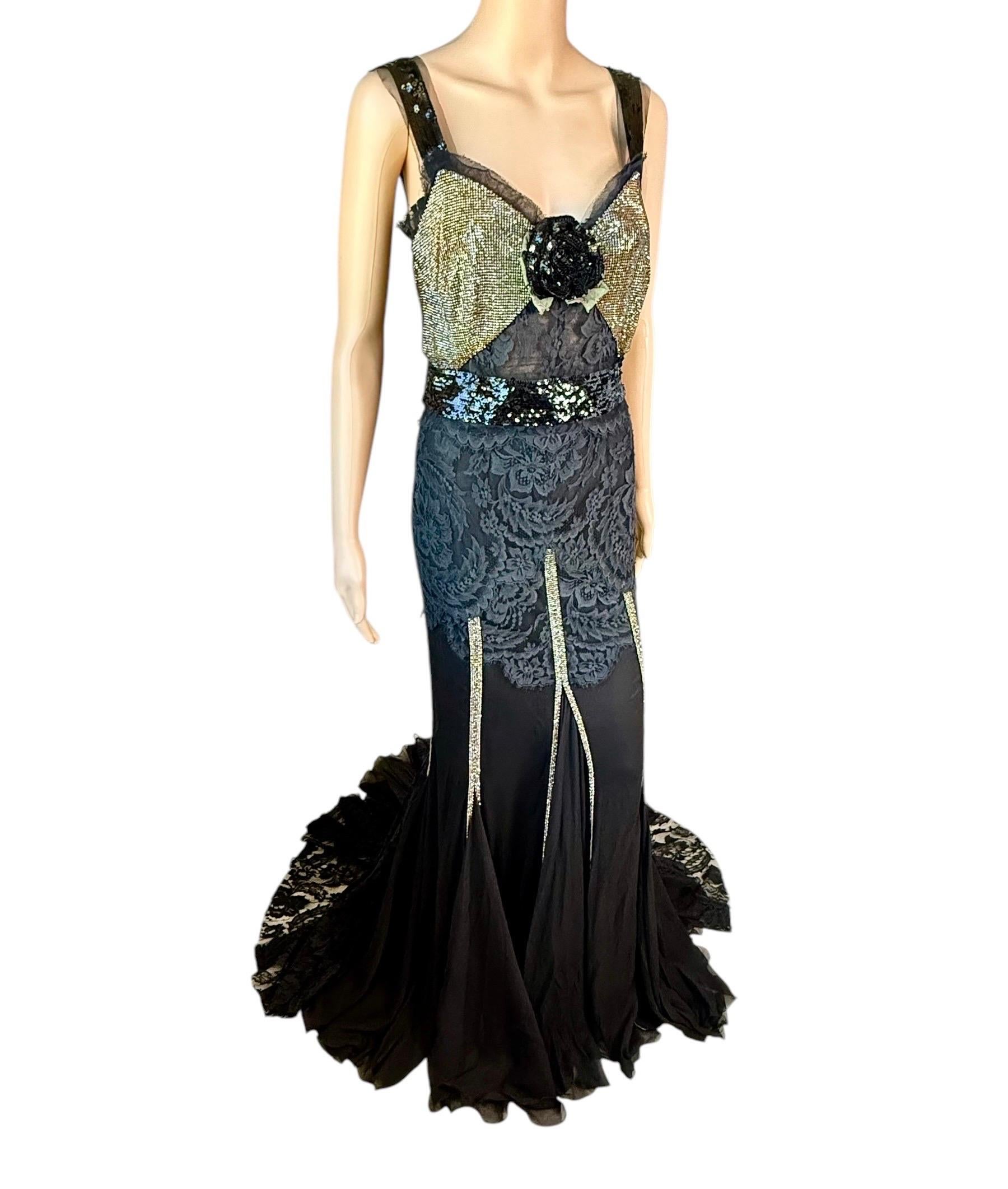 Dolce & Gabbana 2004 Unworn Metal Mesh Chainmail Sheer Lace Evening Dress Gown For Sale 6