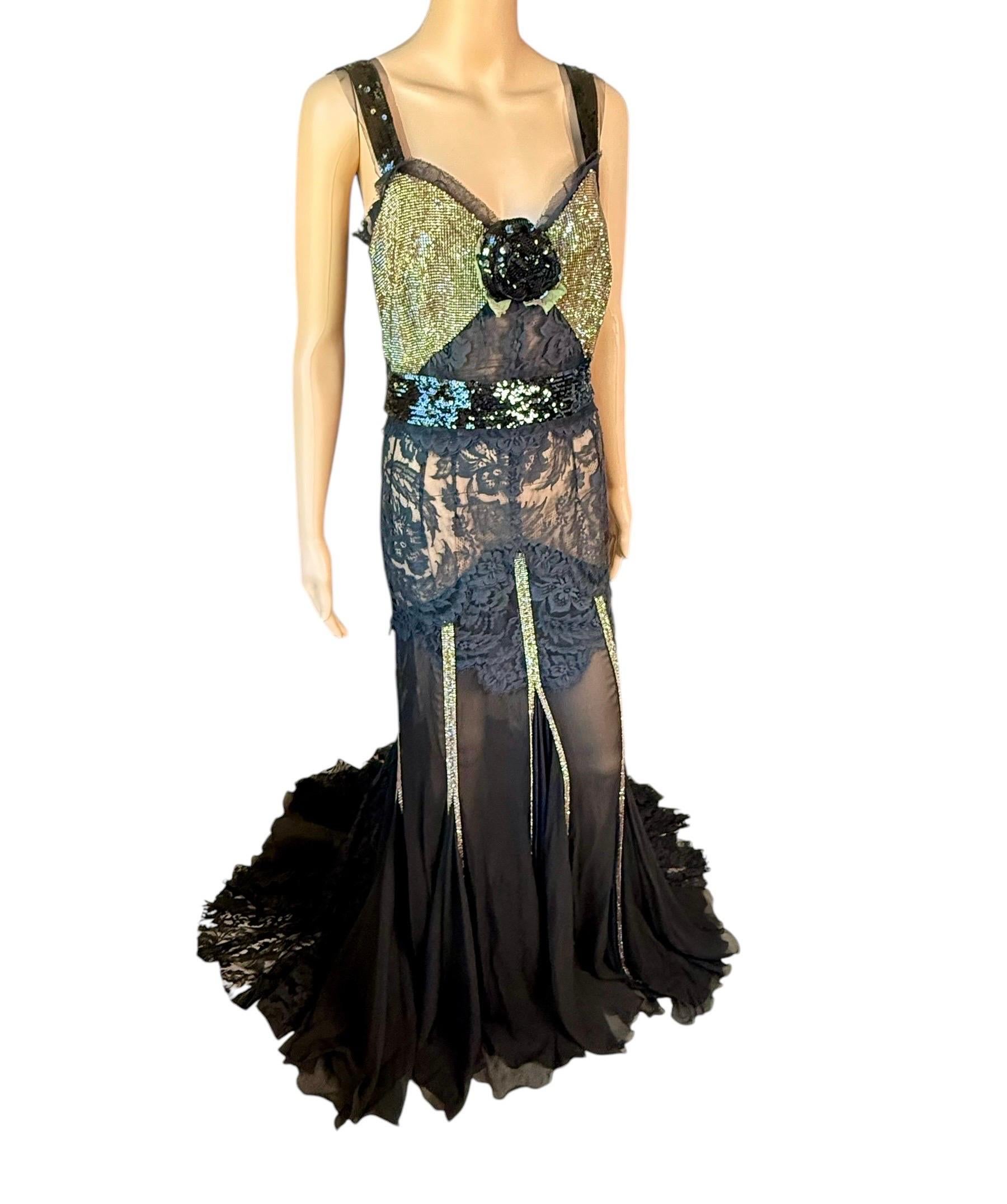 Women's Dolce & Gabbana 2004 Unworn Metal Mesh Chainmail Sheer Lace Evening Dress Gown For Sale