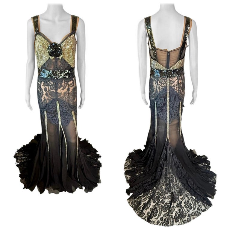 Dolce & Gabbana 2004 Unworn Metal Mesh Chainmail Sheer Lace Evening Dress Gown Dolce & Gabbana 2004 Unworn Metal Mesh Chainmail Sheer Lace Evening Dress Gown